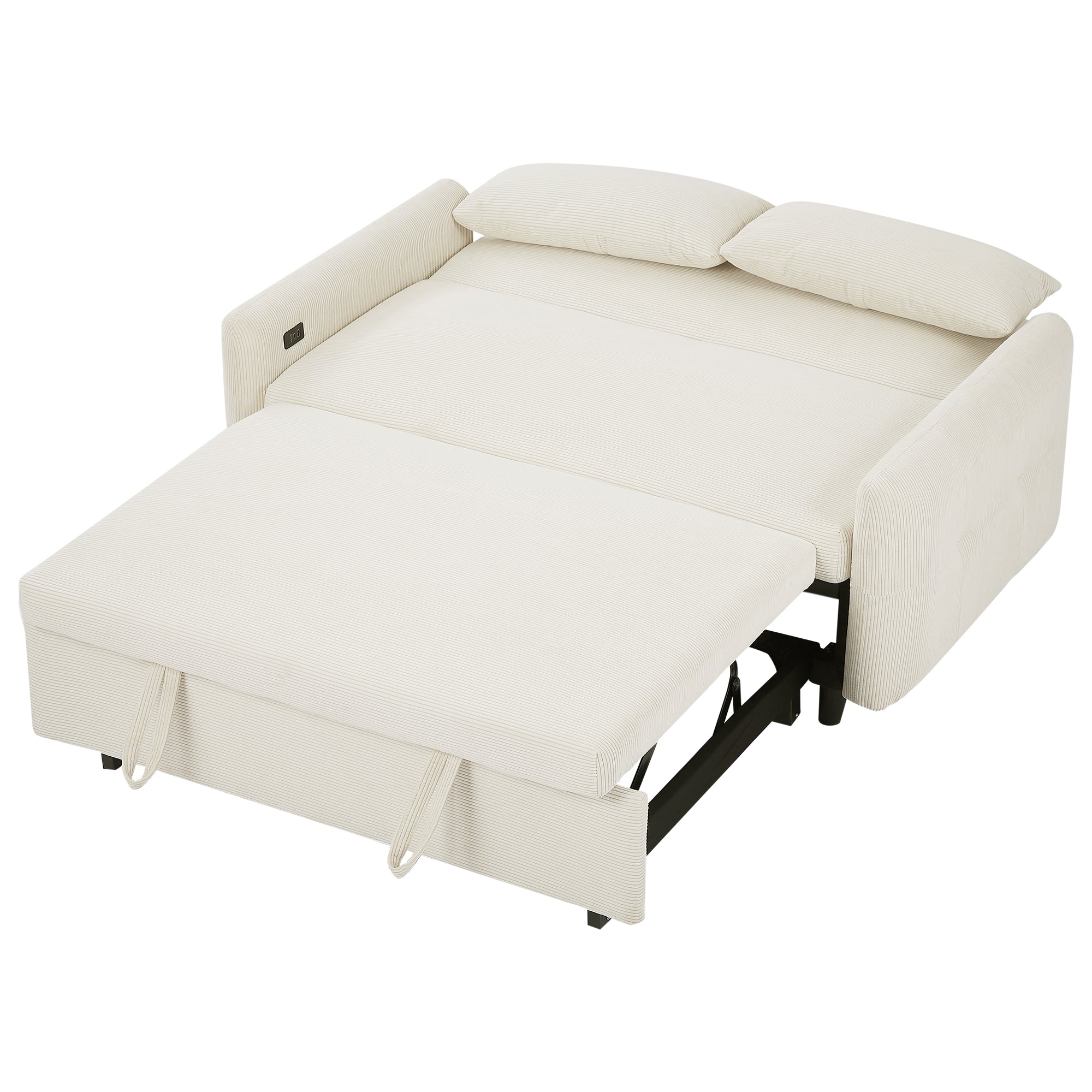 Modern Convertible Pull-out Sofa Bed with USB Ports and Pillows, Beige Corduroy, 57.48 inches