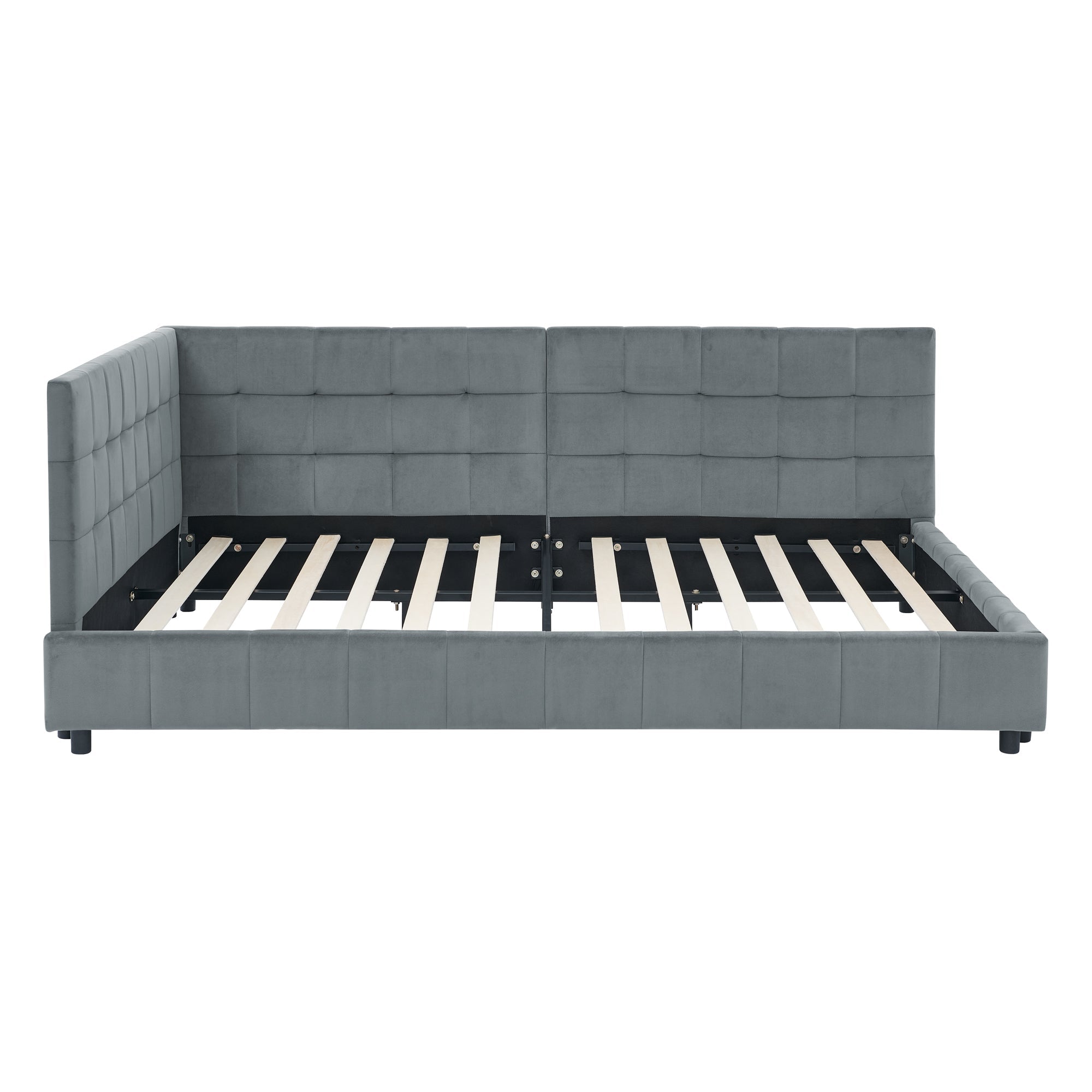 Velvet Grey Full Size Upholstered Tufted Bed Frame with Backrest and Armrests, 80.5''*59''*30.5''