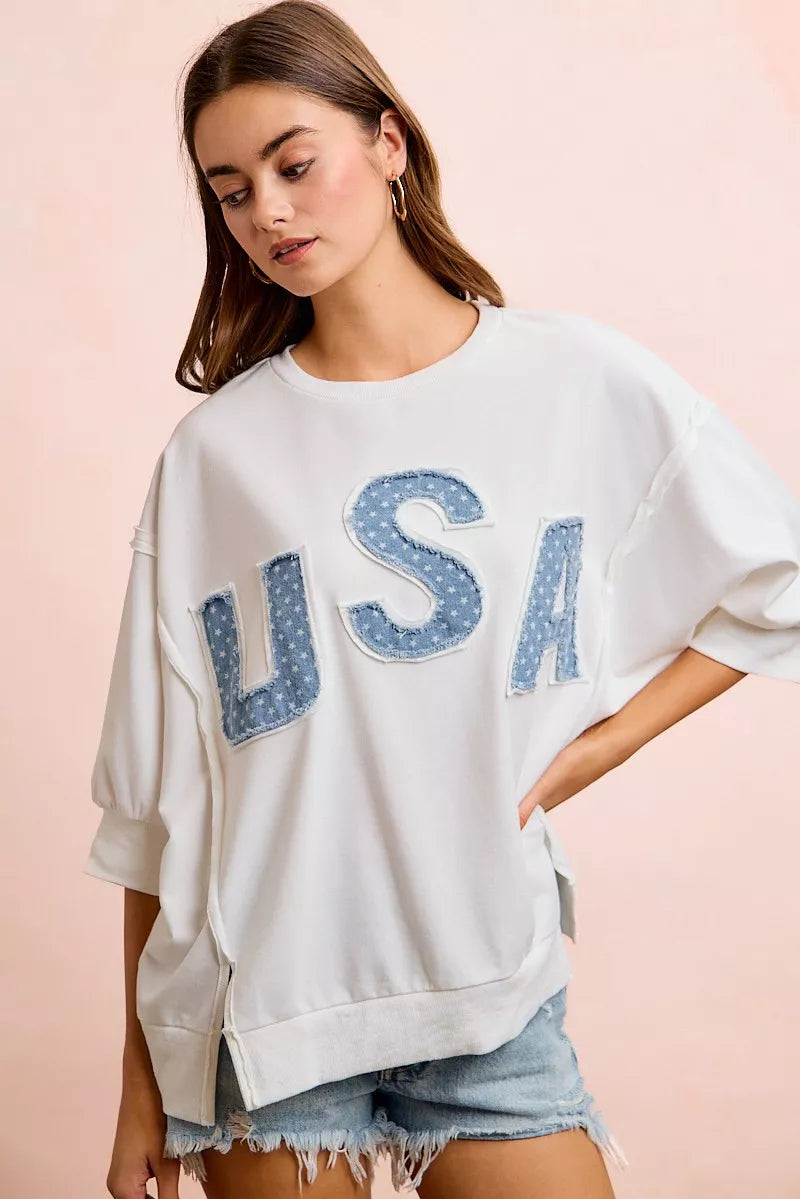 BiBi 4th Of July Usa Letter Patchwork French Terry Top