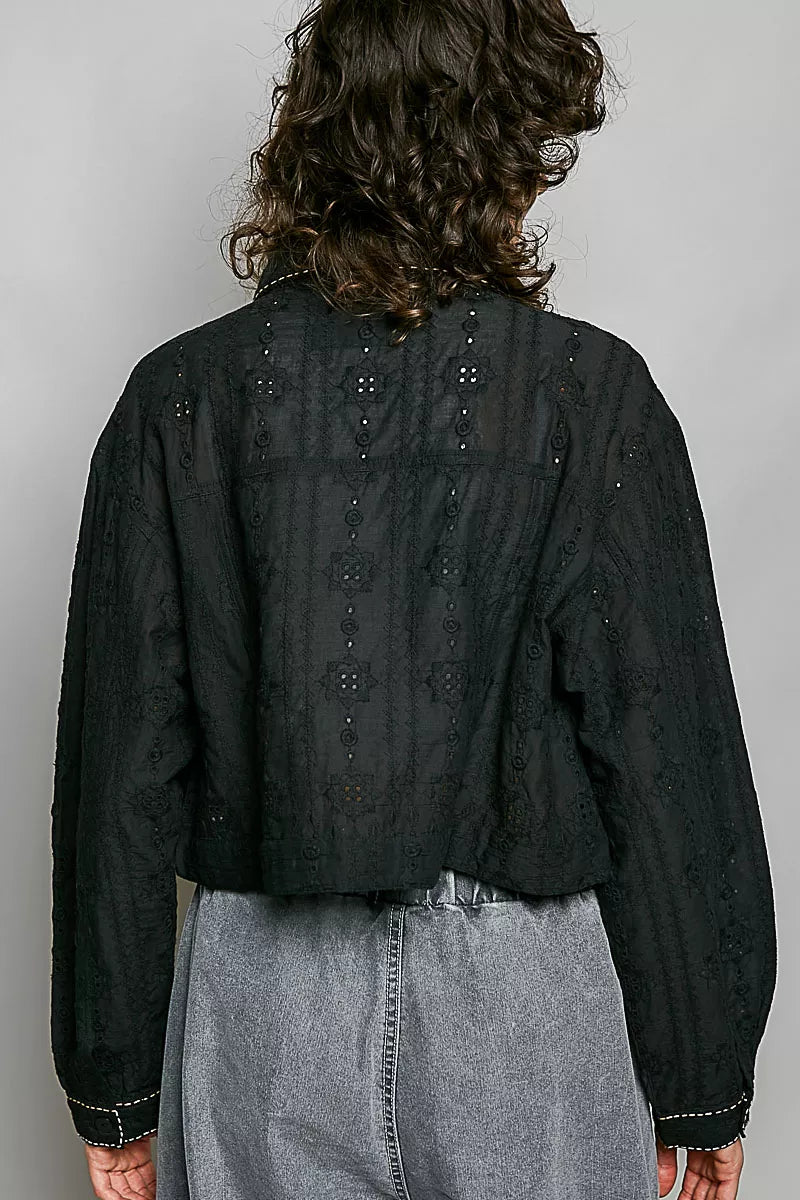 POL Cropped Button-Front Eyelet Cotton Jacket