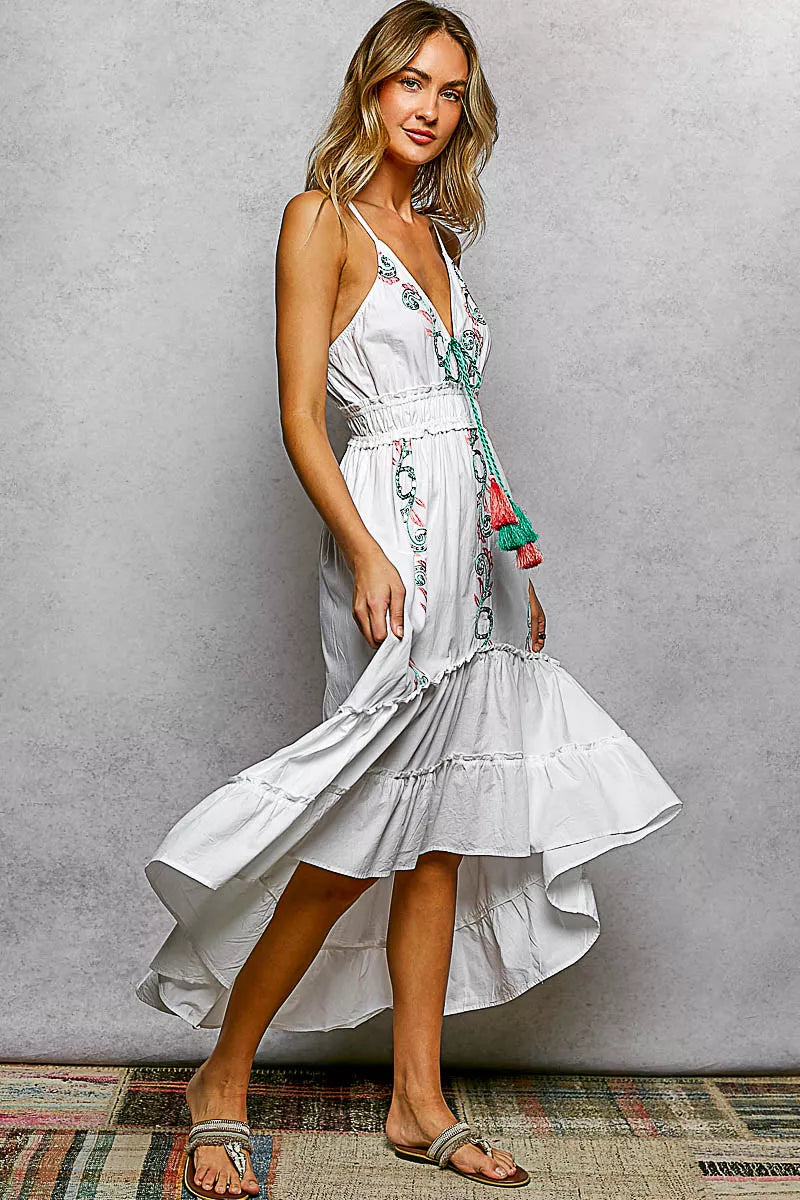 POL Embroidered Detail Tassel Tie Smocked Waist Midi Tiered Cami Dress