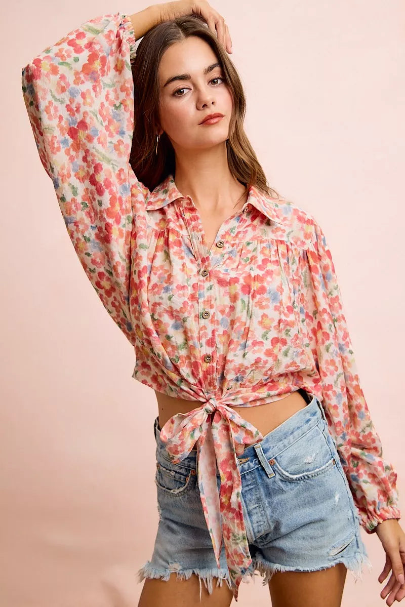 BiBi Floral Print Tie Hem Detail Crop Shirt