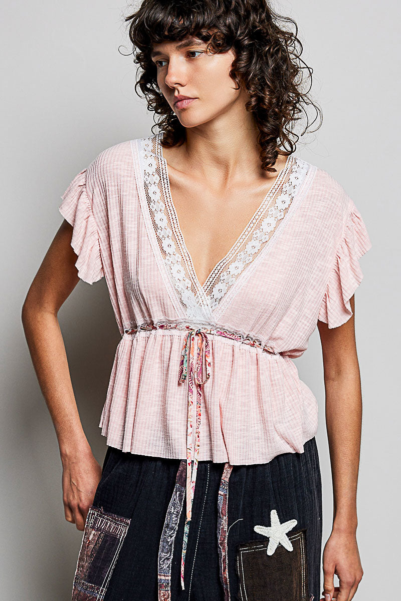 POL Tied Ruffled V-Neck Short Sleeve Blouse with Lace Detail