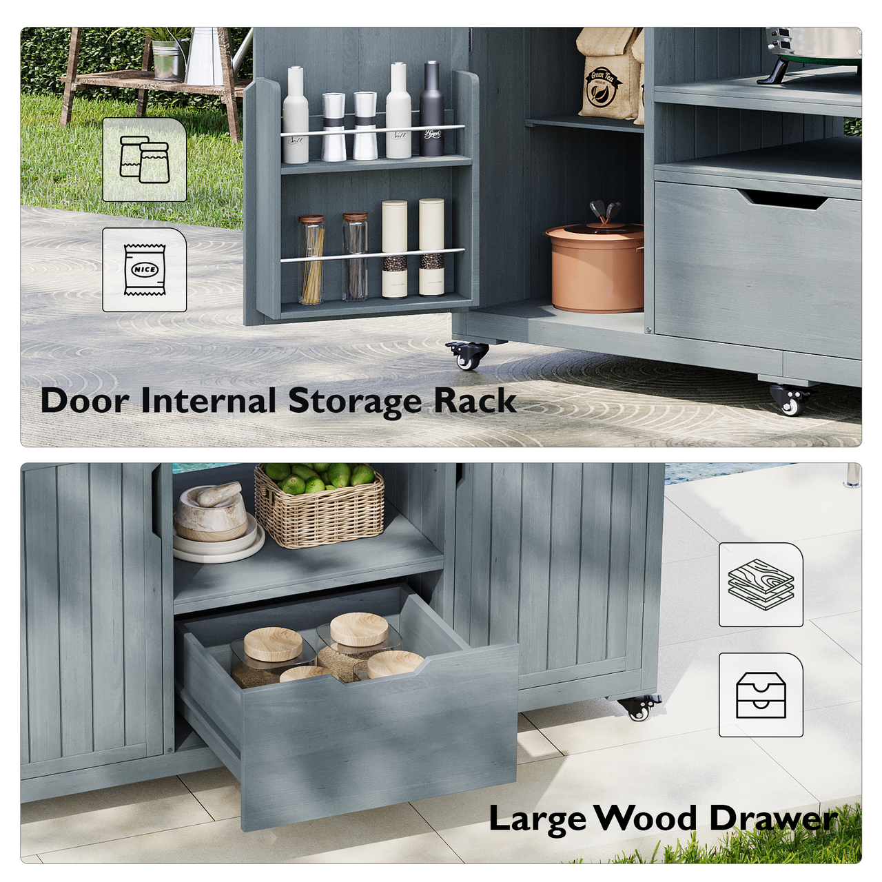 K&K 66.5' Outdoor Kitchen Island for Big Green Egg Grills, Solid Wood Outdoor Grill Cart for Tabletop Grill with Stainless Steel Top, Drawer, Compatible with Large Big Green Egg, Kamado Joe- Grey Blue
