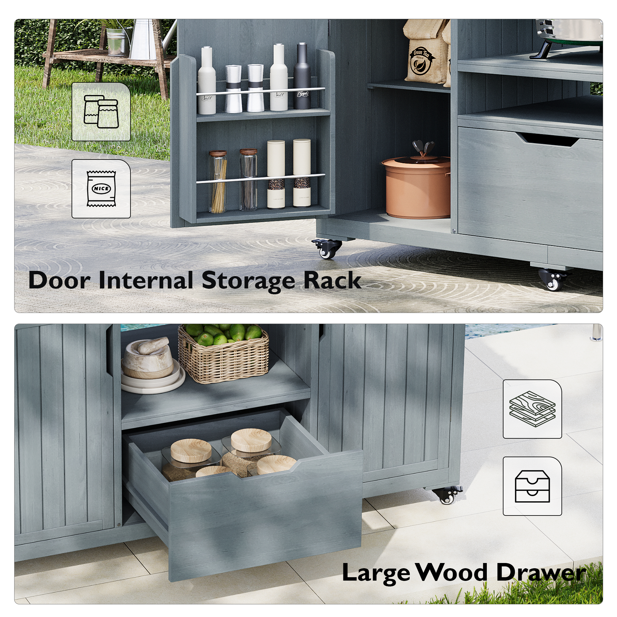 K&K 66.5' Outdoor Kitchen Island for Big Green Egg Grills, Solid Wood Outdoor Grill Cart for Tabletop Grill with Stainless Steel Top, Drawer, Compatible with Large Big Green Egg, Kamado Joe- Grey Blue