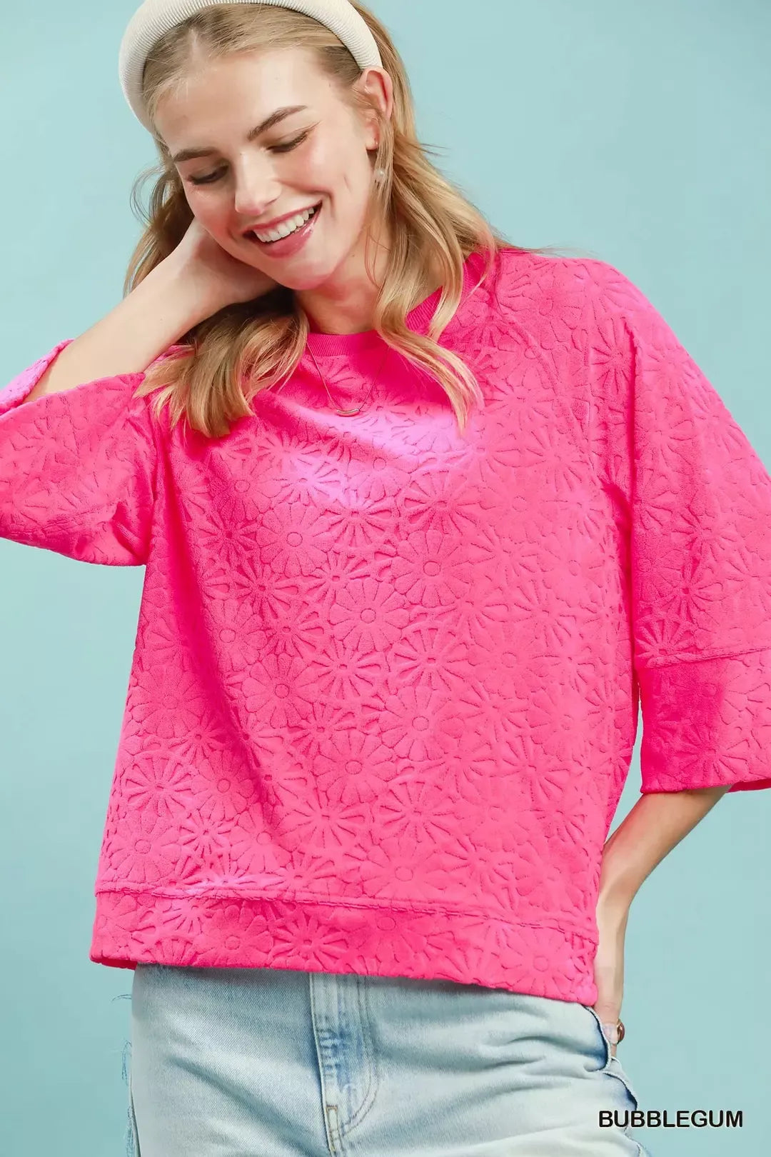 Round Neck Textured Floral Terry Blouse