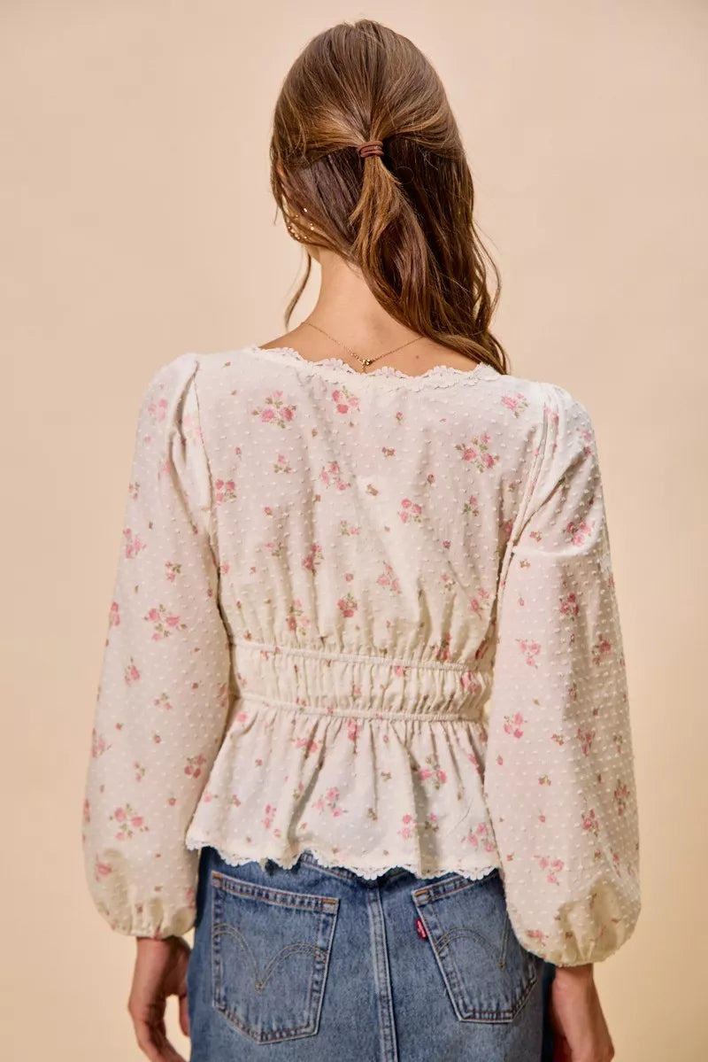 SO ME Floral Clip Dot Lace Trim Ruched Bodice Blouse