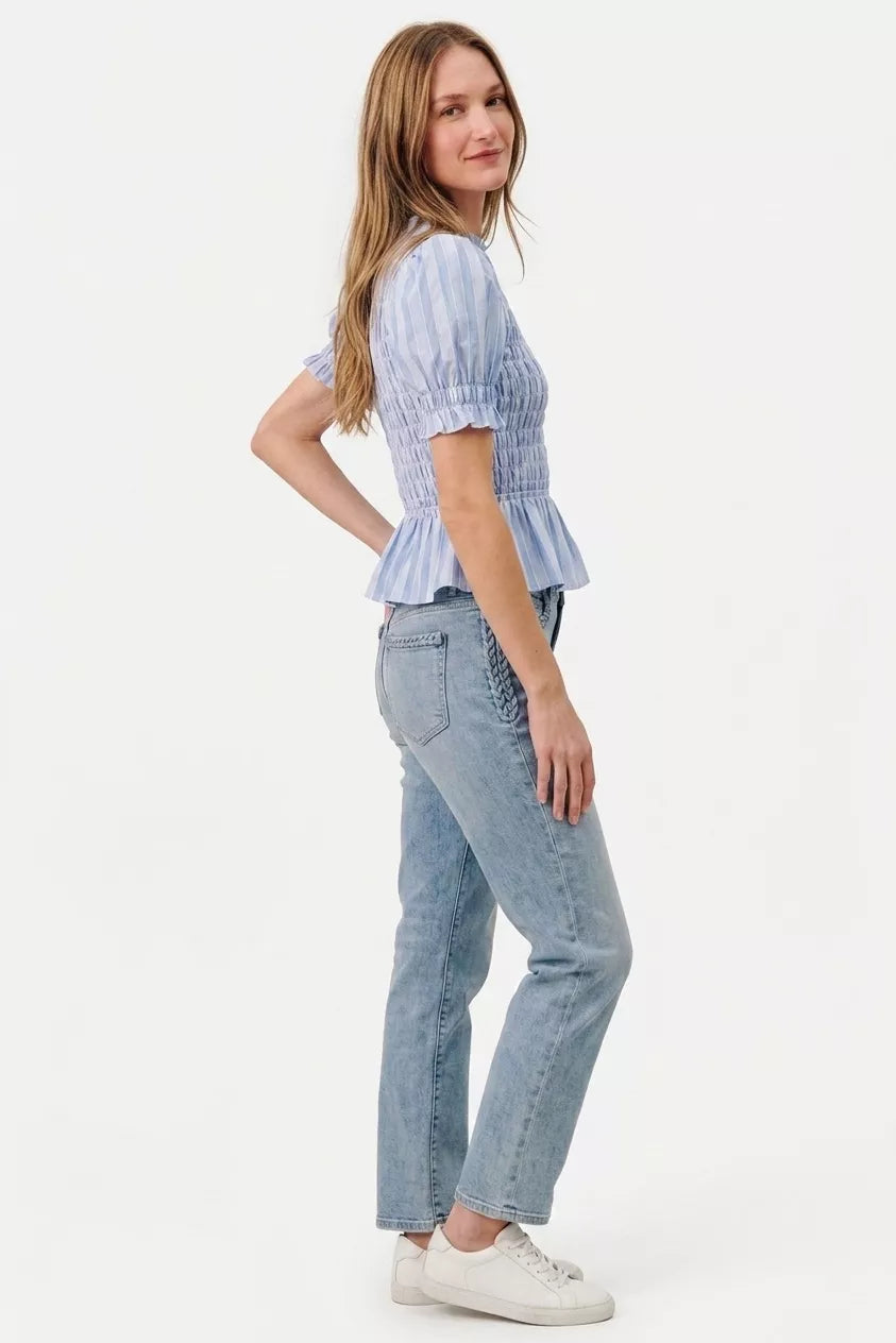 SO ME Stripe Smocked Bodice Puff Sleeves Blouse Top