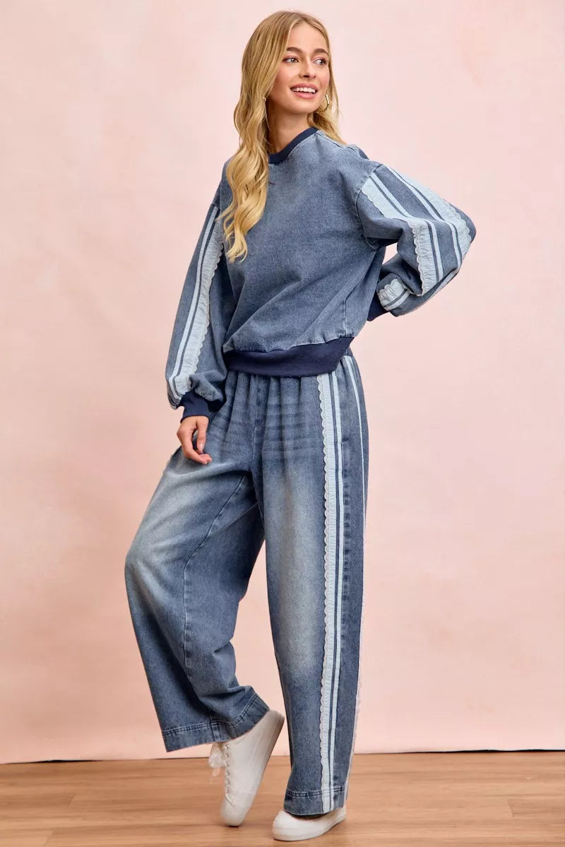 BiBi Washed Denim Lace Contrast Sided Sweatshirt