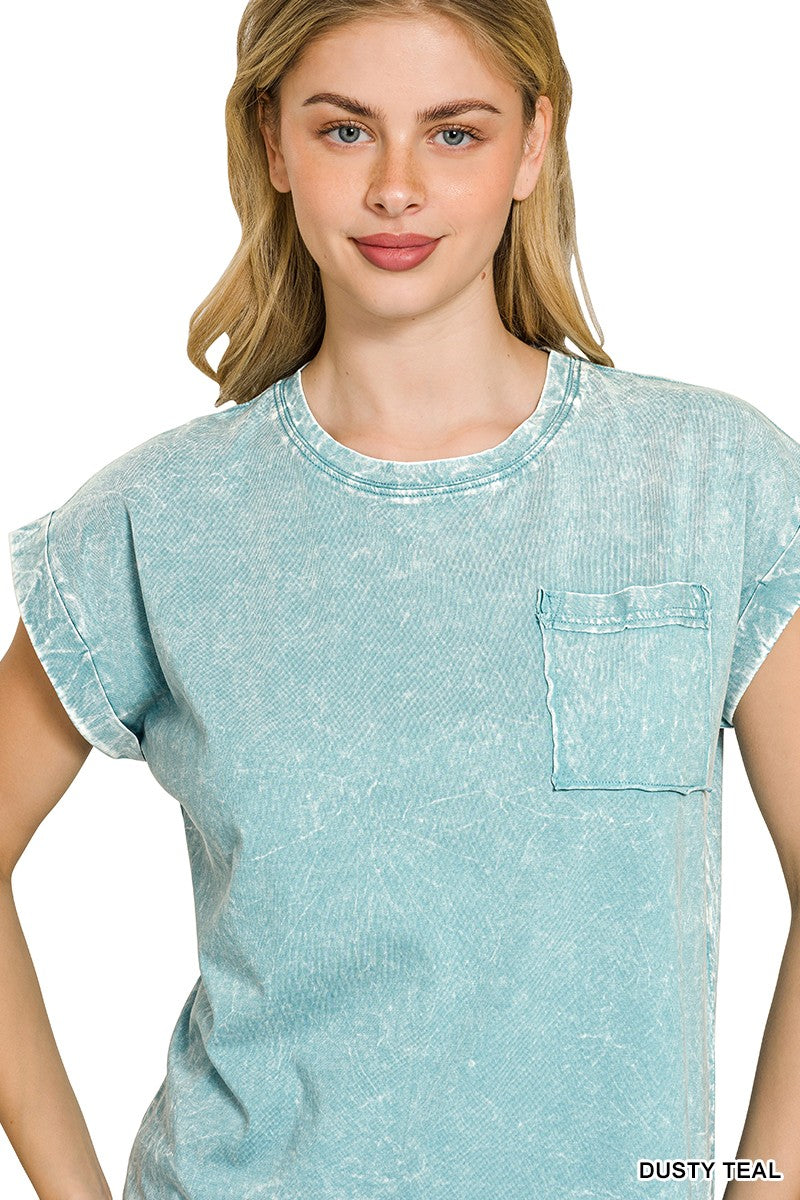 Zenana Full Size Crinkle Washed Round Neck Folded Short Sleeve Tee Plus Size