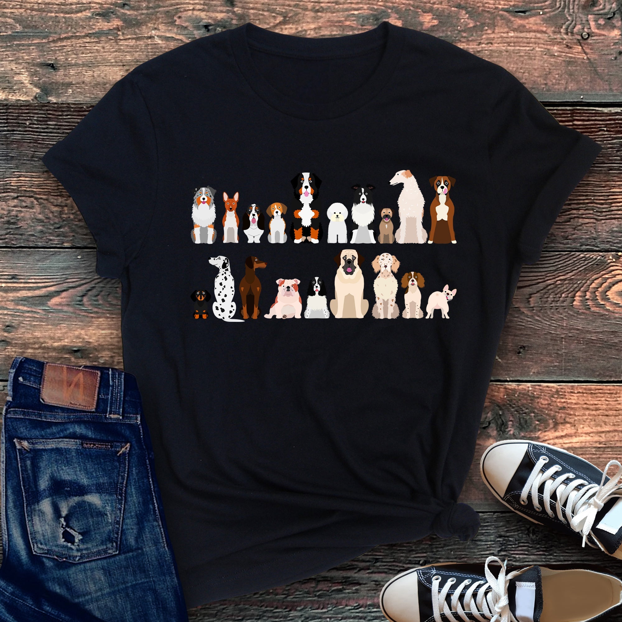 Dog Lovers Breeds Illustration Featuring Beloved Canines In Playful Portraits Graphic Tee
