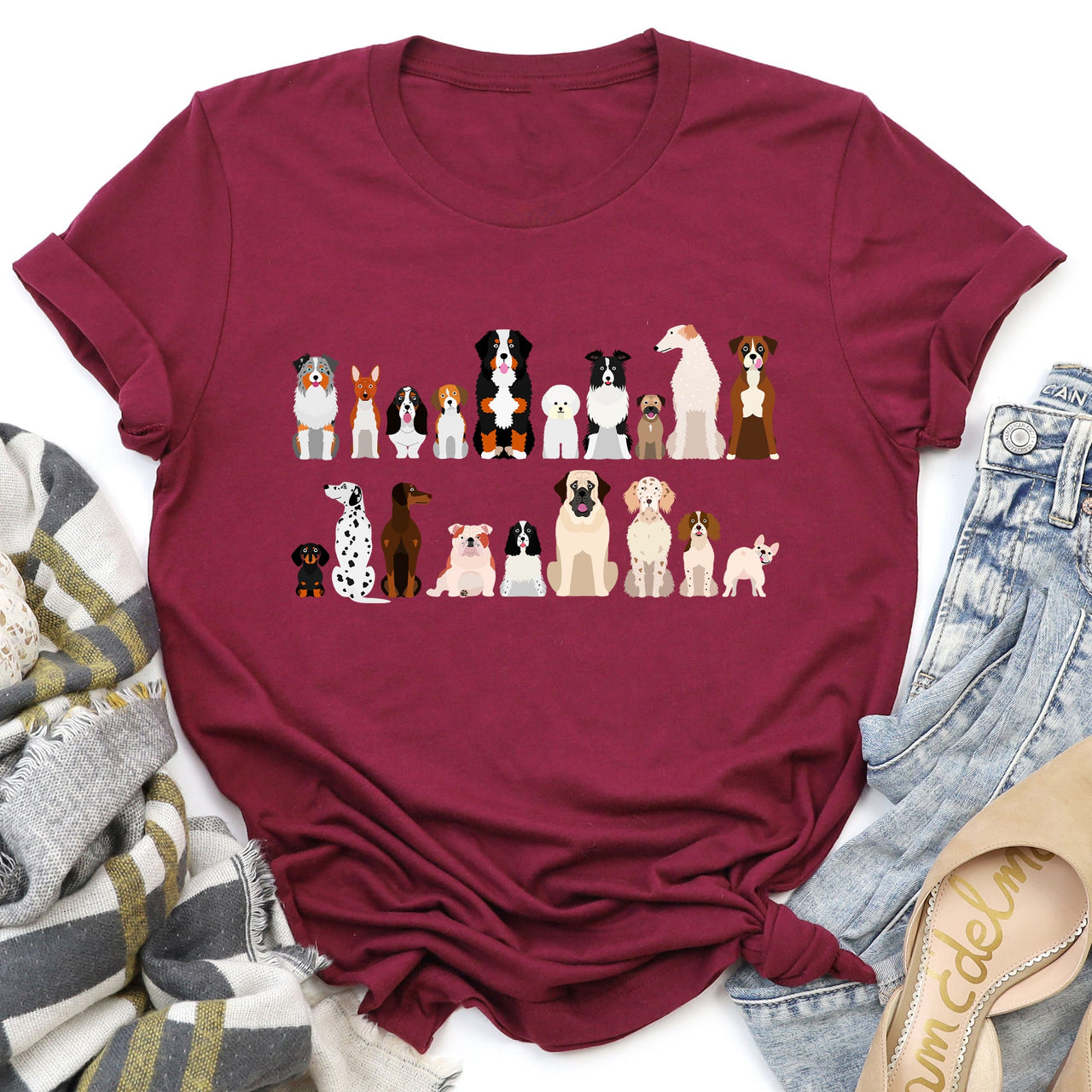Dog Lovers Breeds Illustration Featuring Beloved Canines In Playful Portraits Graphic Tee