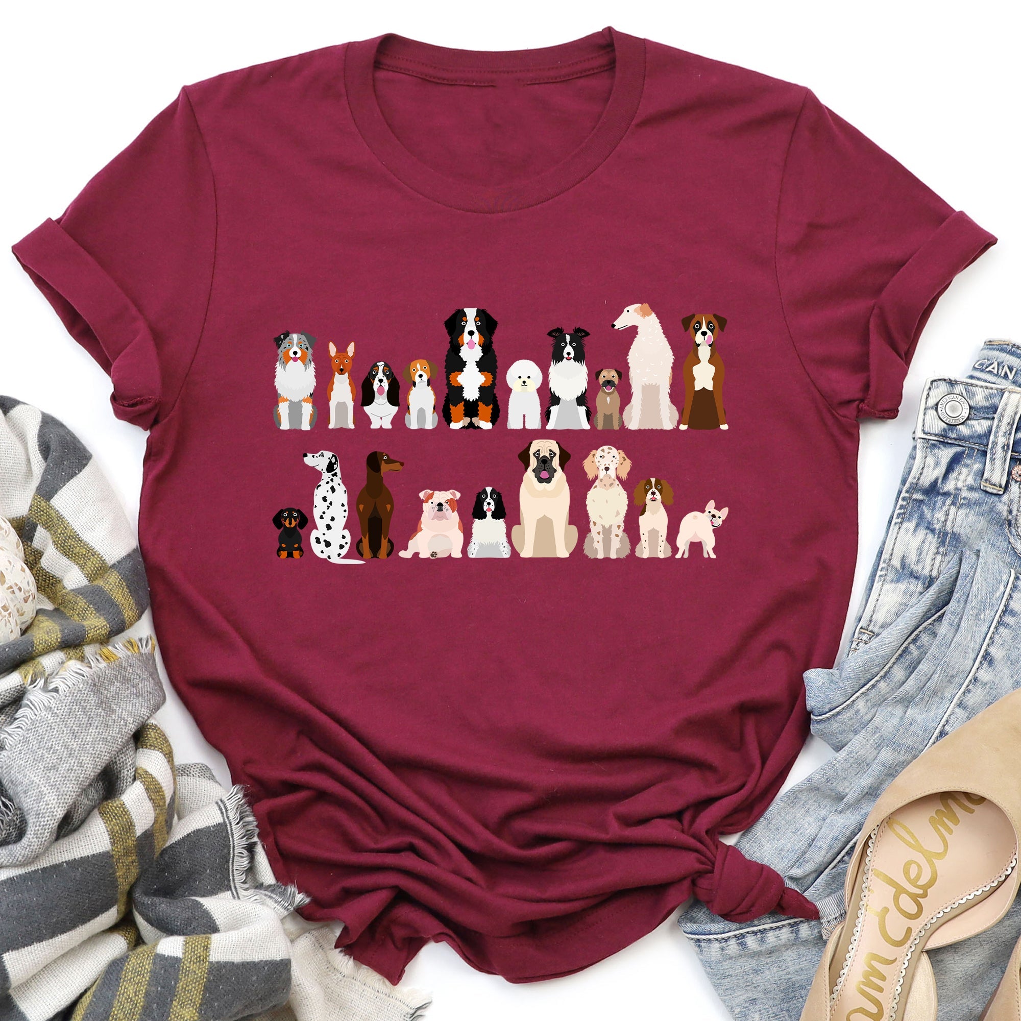 Dog Lovers Breeds Illustration Featuring Beloved Canines In Playful Portraits Graphic Tee