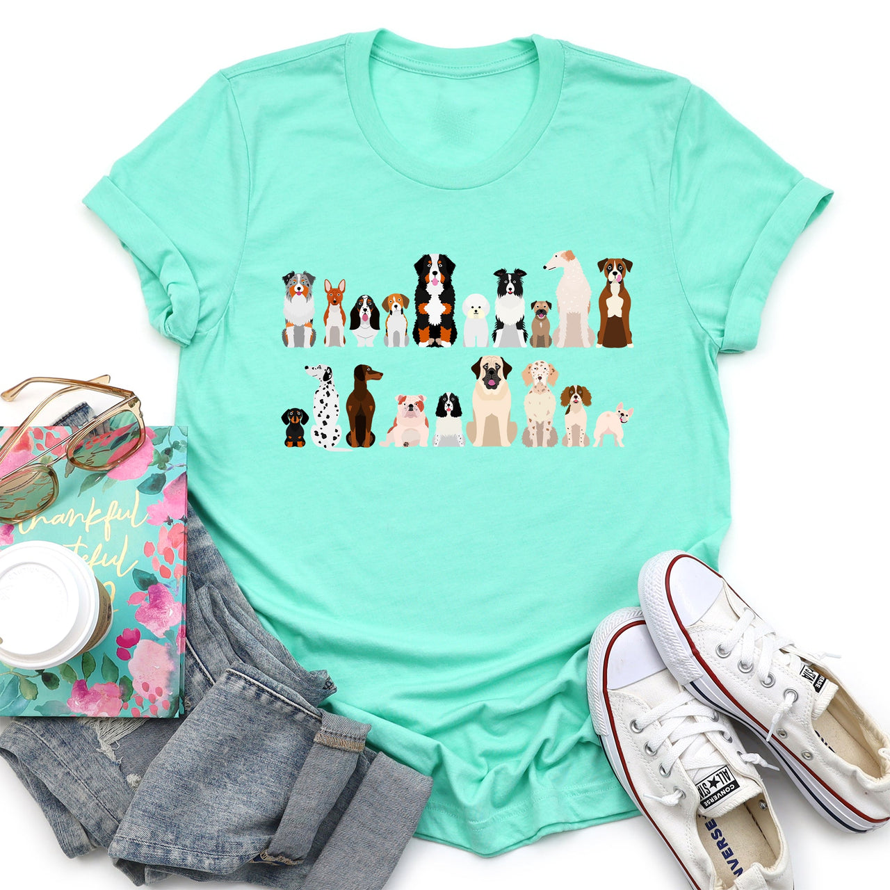 Dog Lovers Breeds Illustration Featuring Beloved Canines In Playful Portraits Graphic Tee
