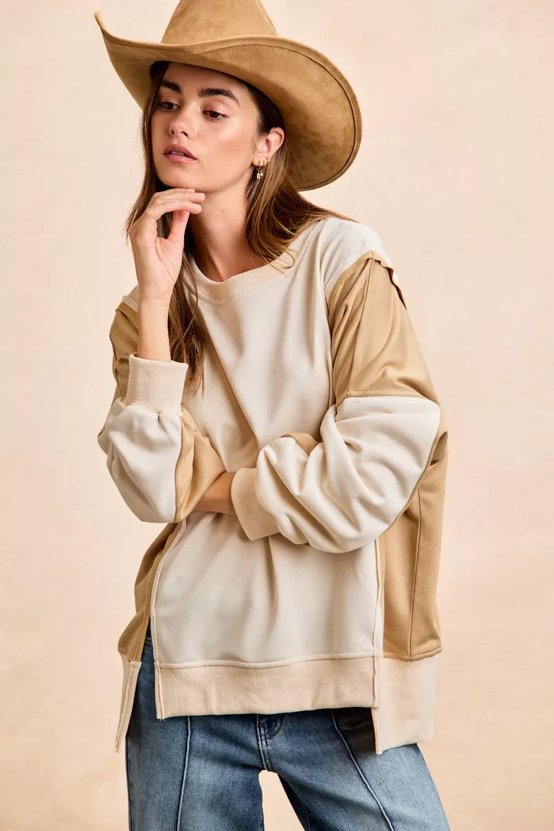 BiBi French Terry Color Block Top With Open Seam Detail