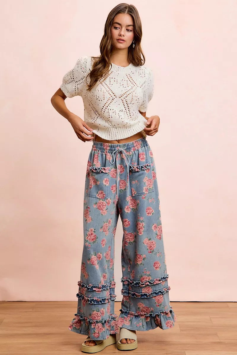 BiBi Washed Floral Denim With Ruffle Elastic Wide Pants