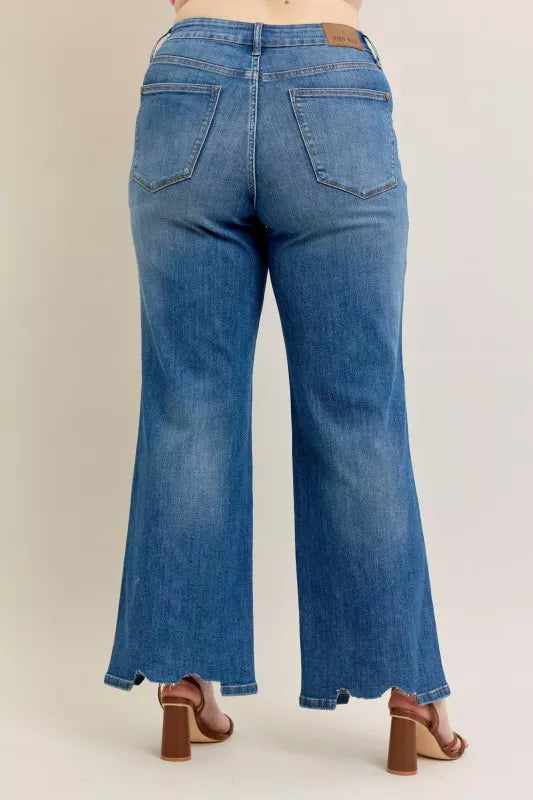 Judy Blue Full Size High Waist Tummy Control Chew Hem Destroyed Wide Jeans Plus Size