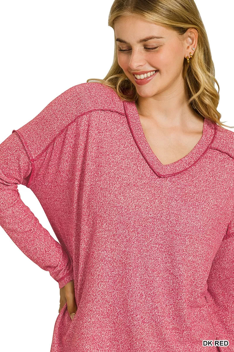 Zenana Soft Melange Hacci Exposed Seam Hi-low Tee