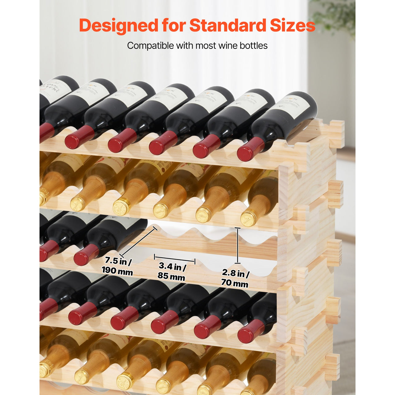 96 Bottle Stackable Modular Wine Rack, 8-Tier Wine Bottle Holder,Solid Wood Floor Freestanding Wine Storage Rack For Pinot Noir bottles,For Kitchen, Cellar, and Bar, Natural