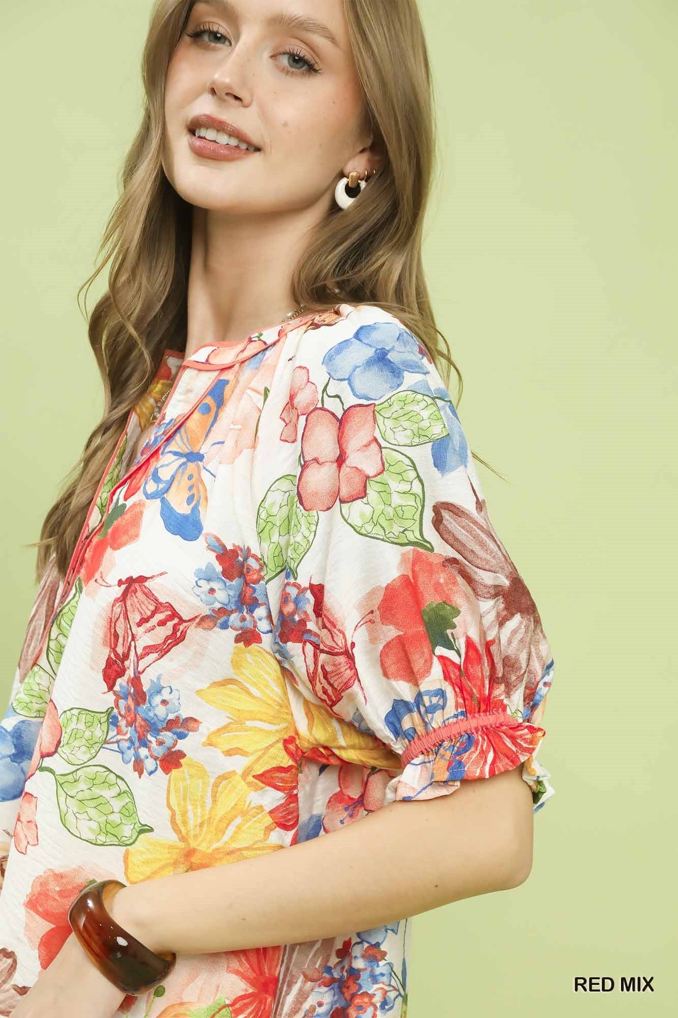 Umgee Watercolor Floral Print Top with High-Low Hem
