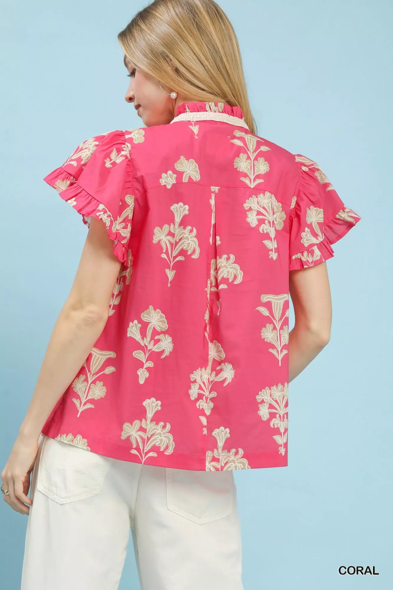 Umgee Floral Ruffle Sleeve Split-Neck Top