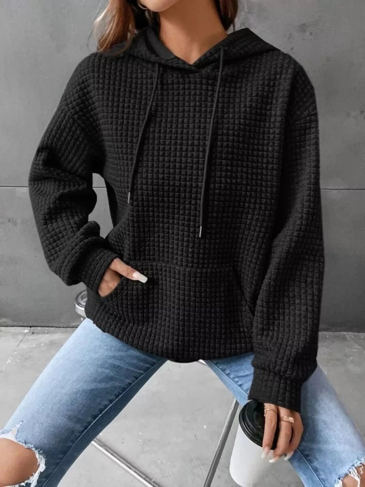 Full Size Textured Kangaroo Pocket Hoodie Plus Size