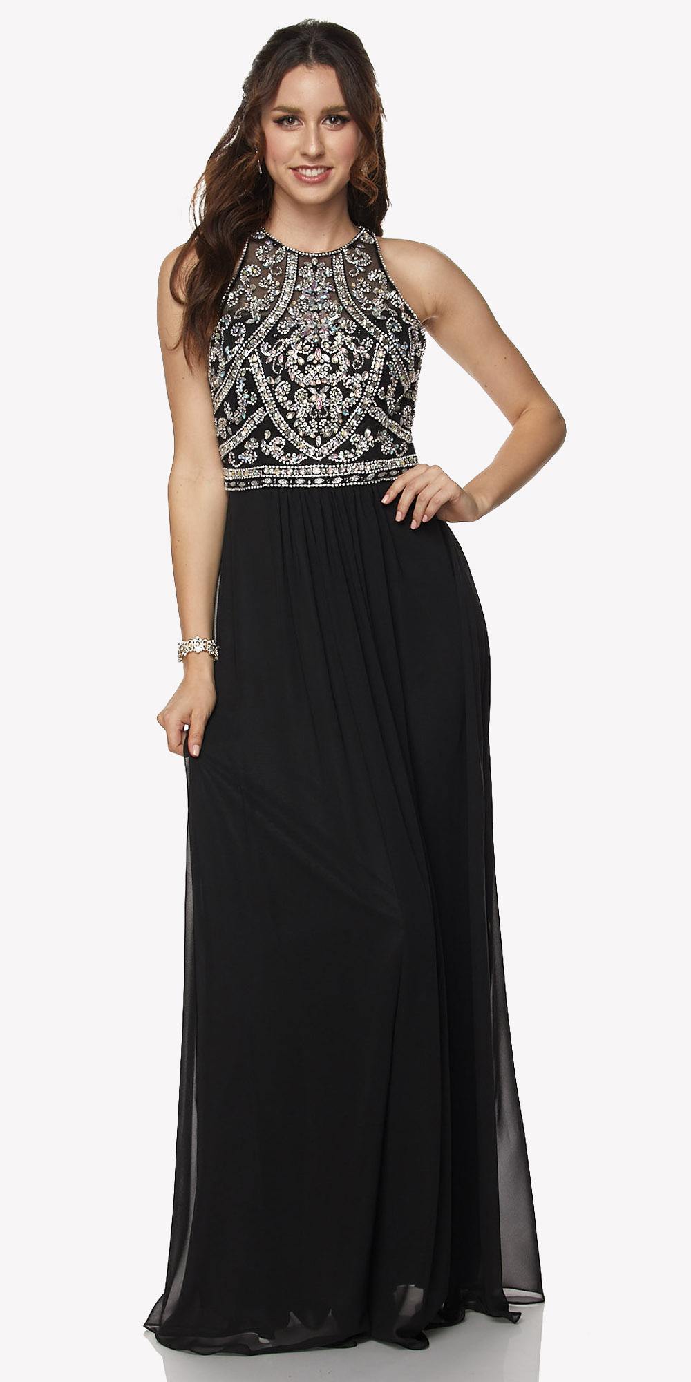 Juliet 609 A Line Chiffon Floor Length Gown Cut Out Back