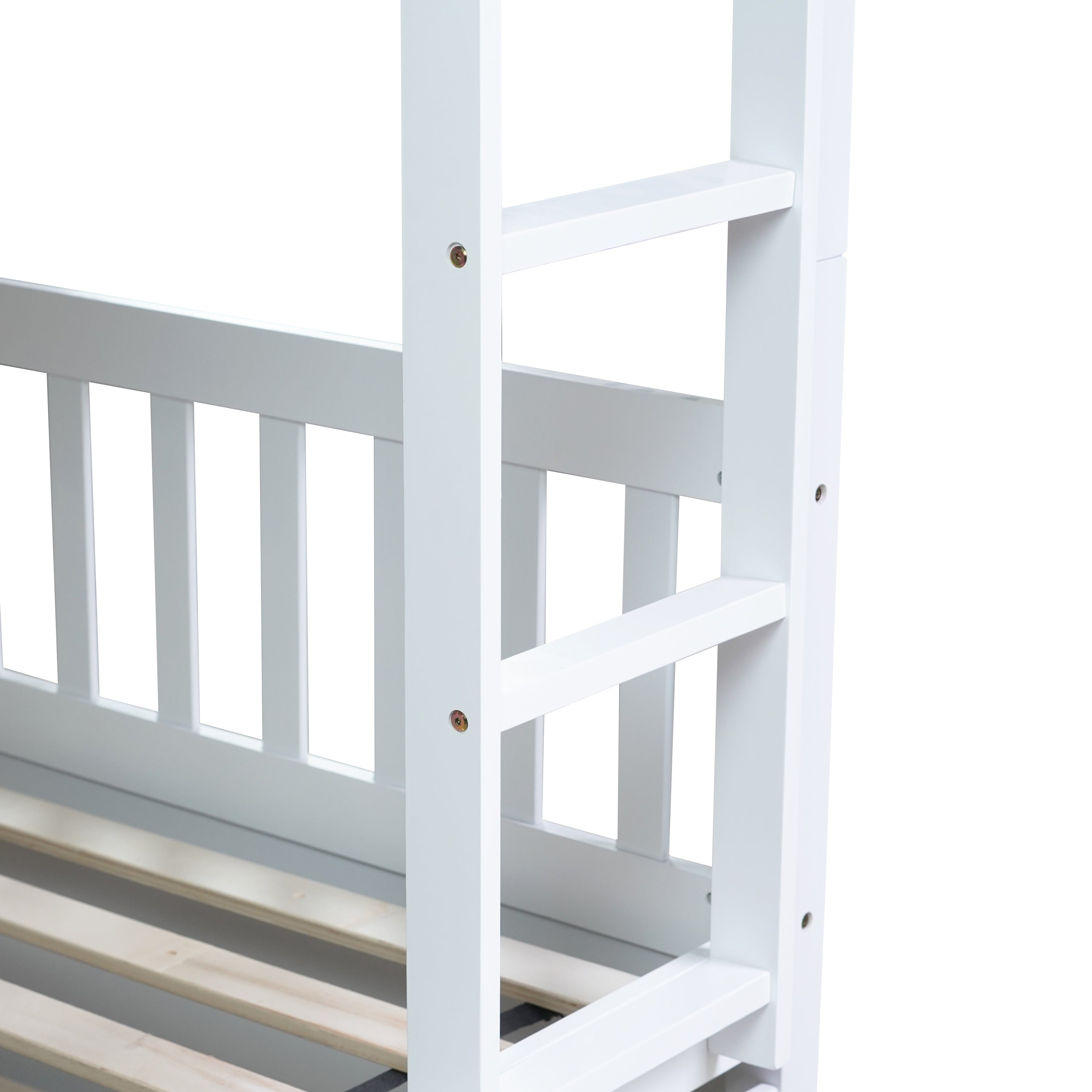 Full Over Full Rubber Wood Bunk Bed with Trundle, Ladder and Guardrails, Convertible to 2 Full Size Beds, with Twin Size Trundle,White