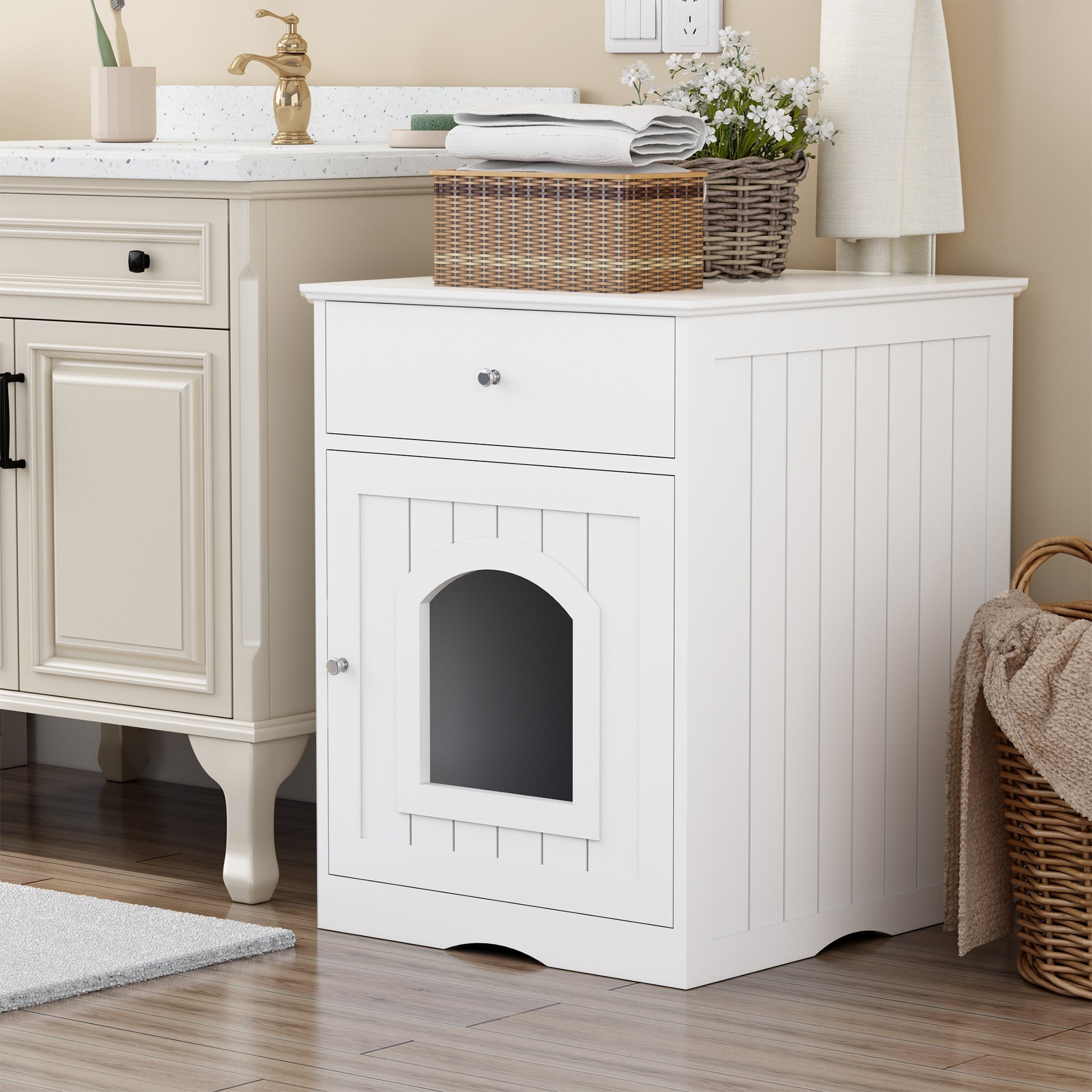 White Wooden Pet House Cat Litter Box Enclosure with Drawer and Side Table, Indoor Cat Home Nightstand for Small Cats, MDF Construction, 18.9'' W x 20.9'' D x 25'' H