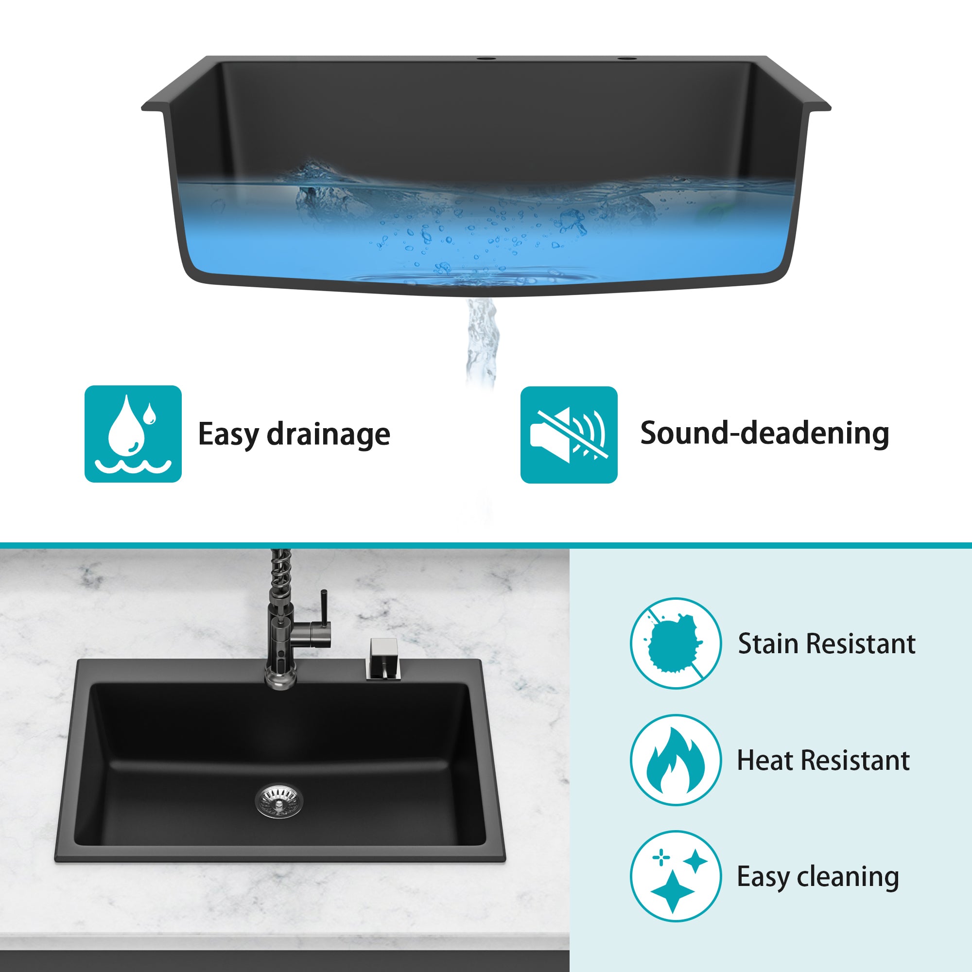 Quartz Kitchen Sink - 33' x 22' Black Granite Composite Drop-In Sink with Durable Construction