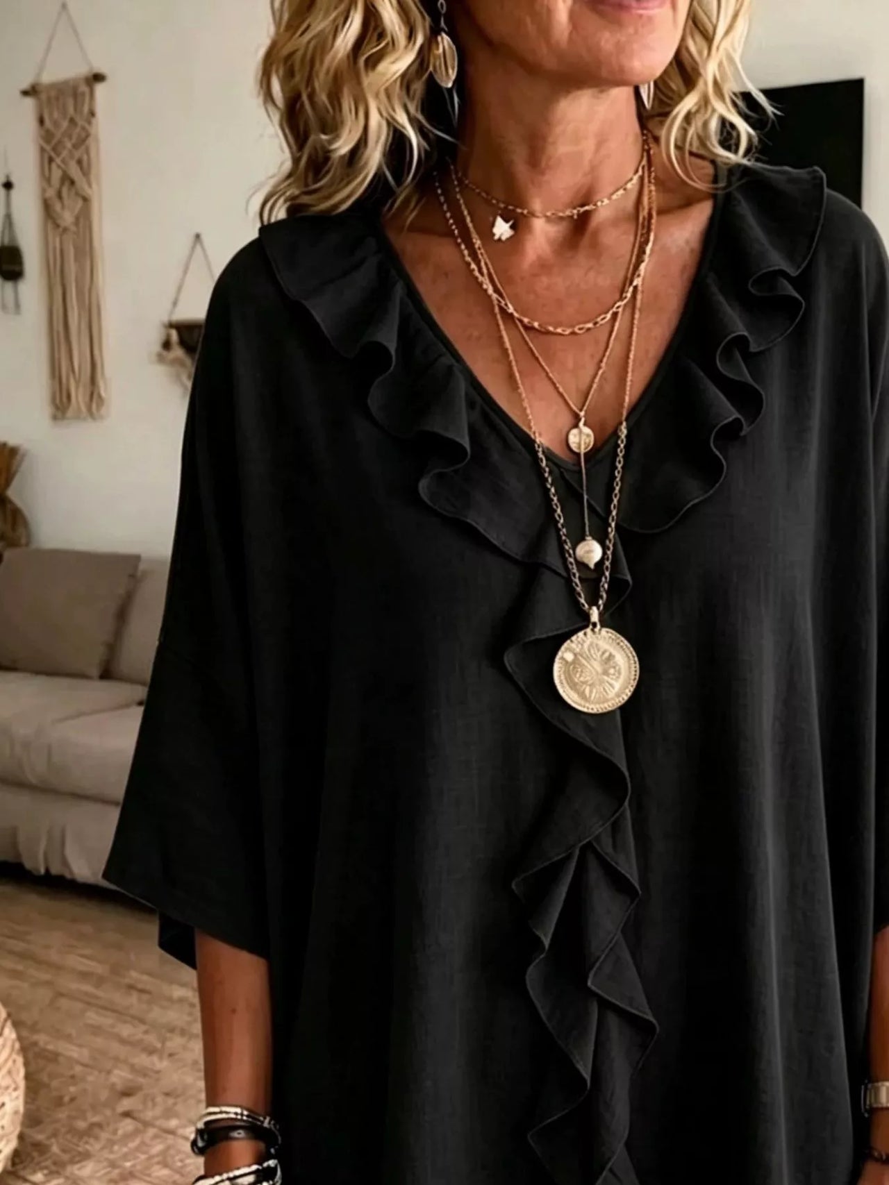 Full Size Ruffle V-Neck 3/4 Sleeve Blouse Plus Size