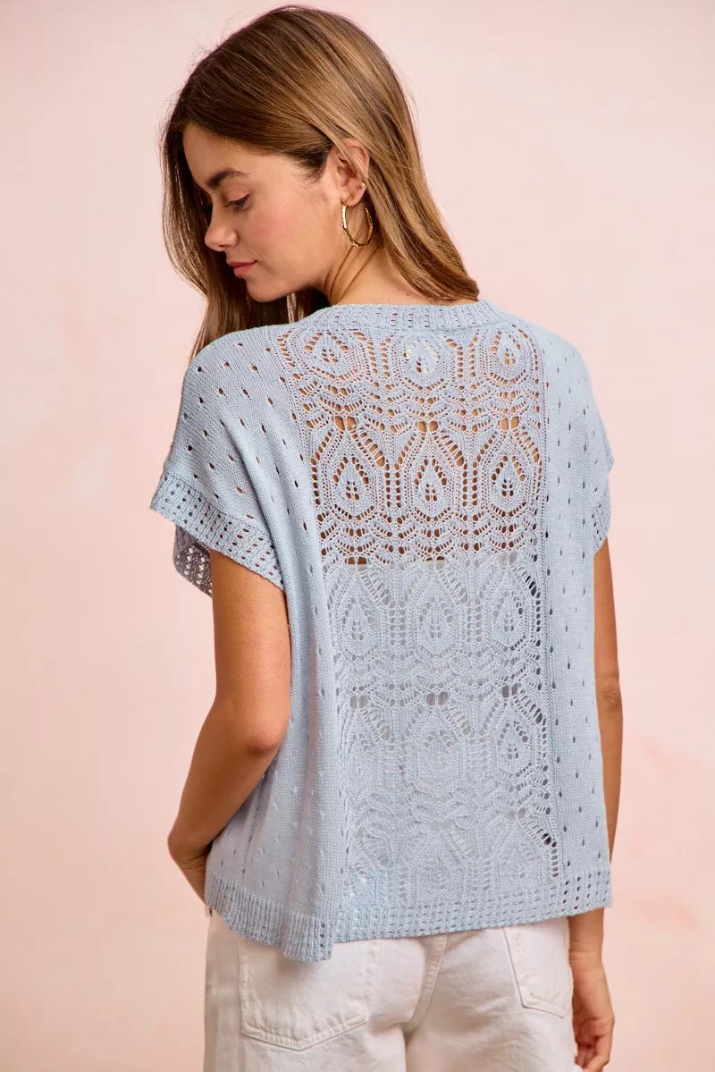 BiBi Washed Eyelet Short Sleeve Breathable Knit Top