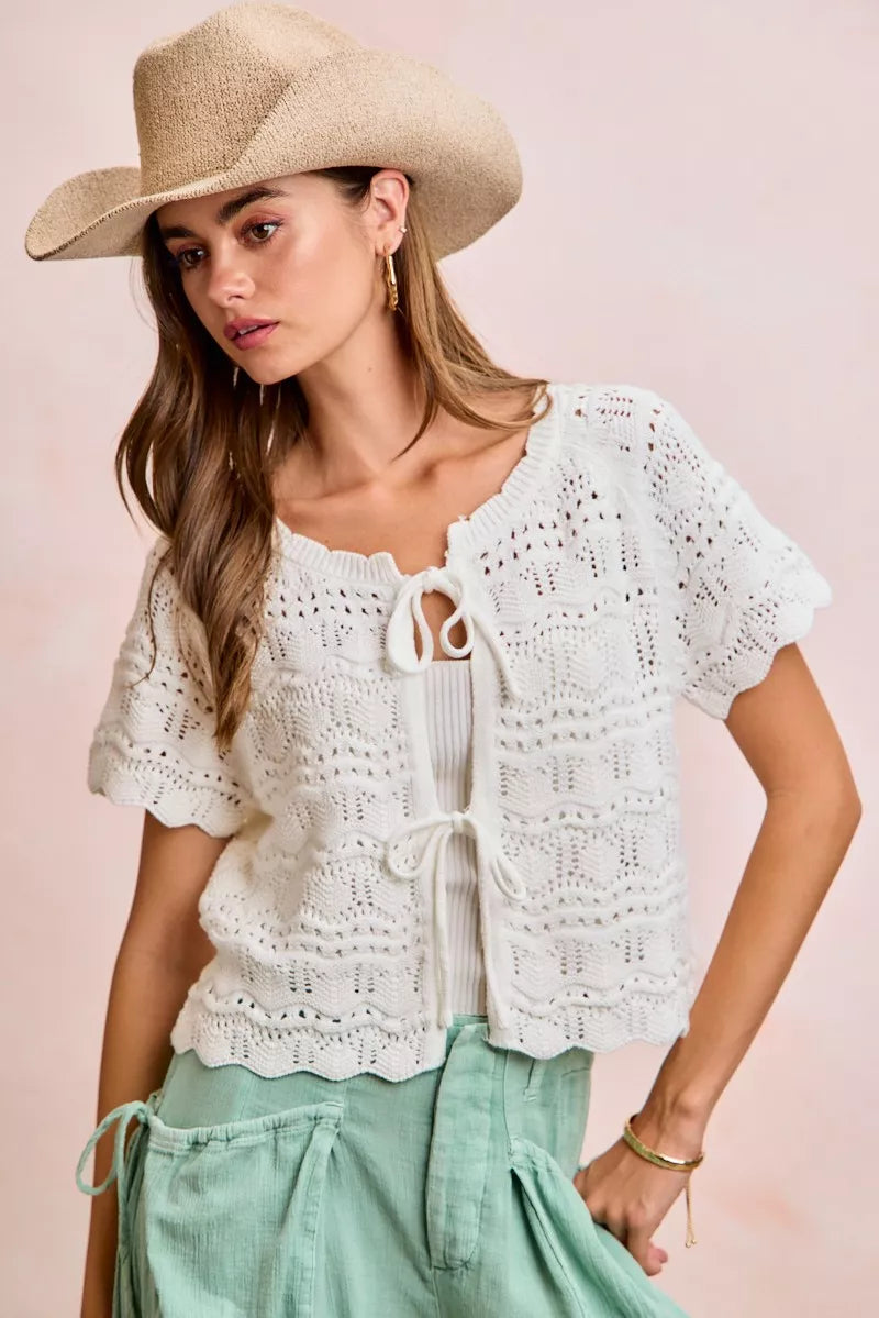 BiBi Front Bow Tie Detail Pointelle Knit Top