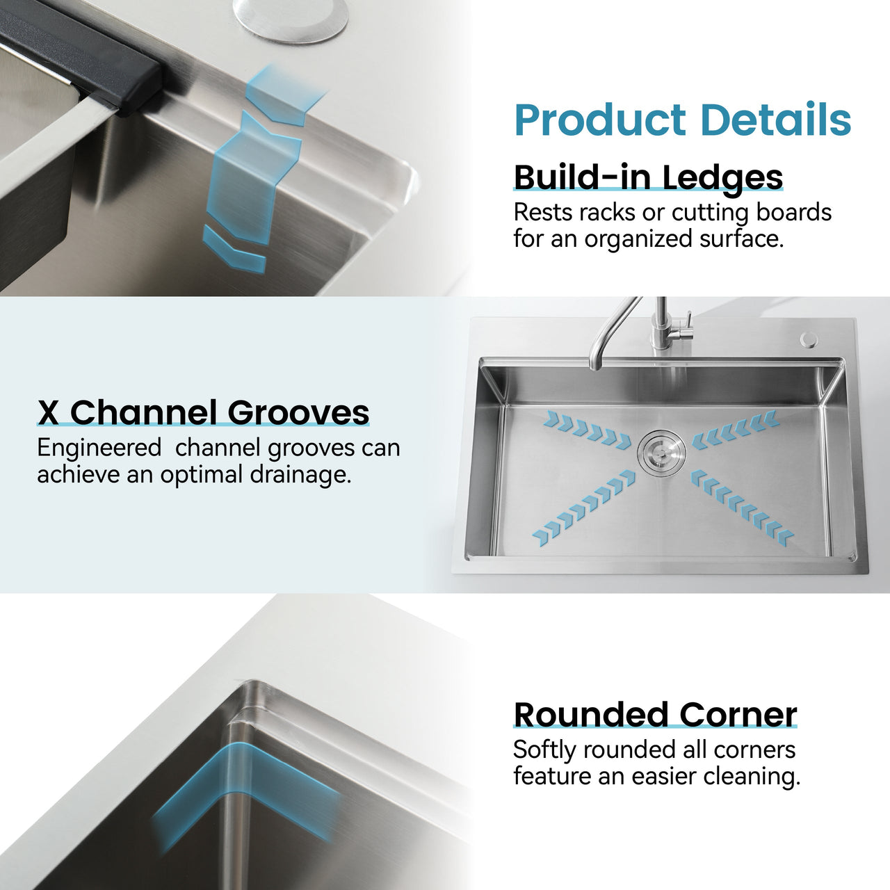 Stainless Steel Kitchen Sink, 33″x22″ Single Bowl, Overmount Handmade Sink in Brushed, with Cutting Board, Colander, SS-BR01D-332208