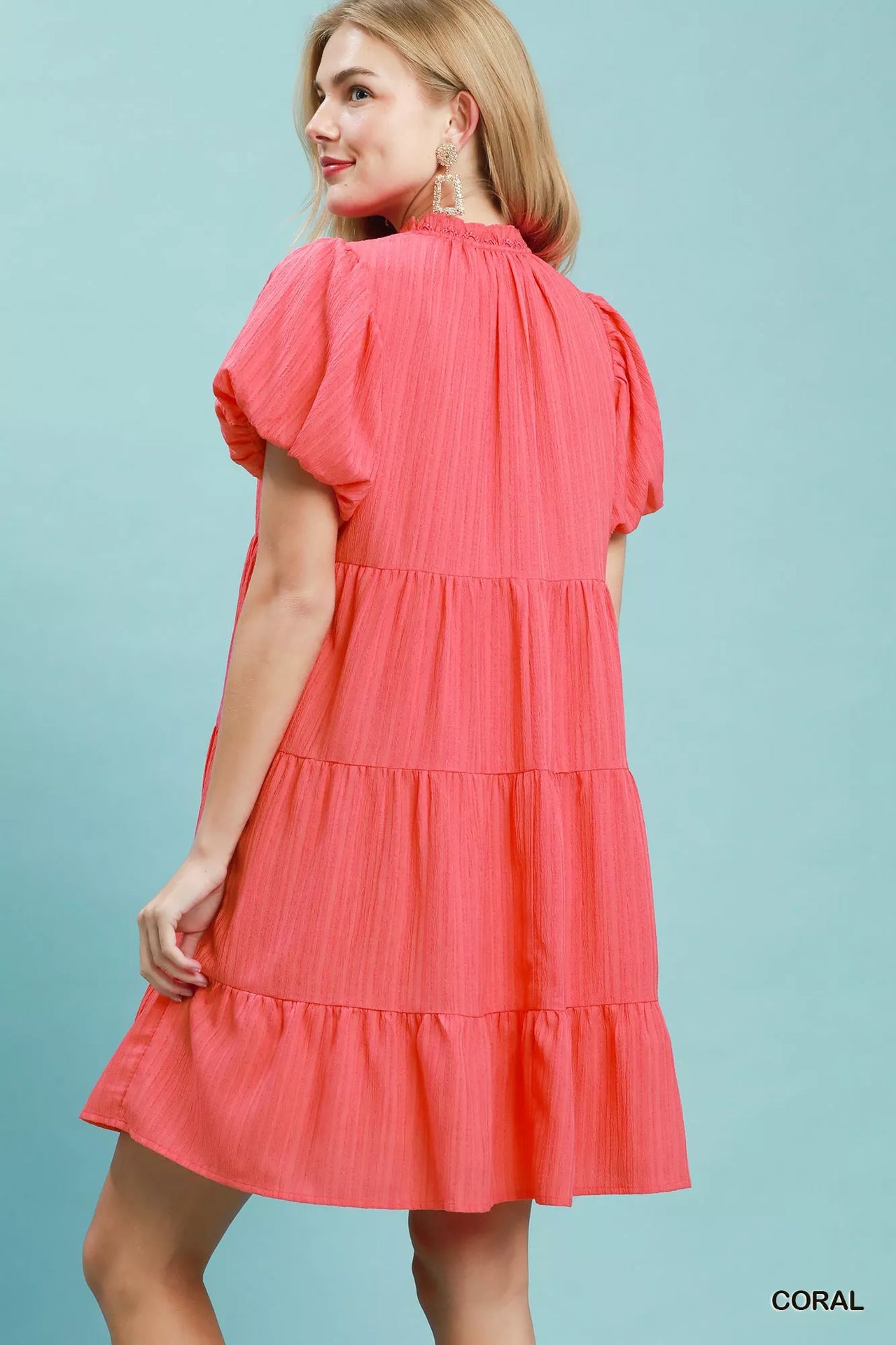 Umgee Puff Sleeve Tiered Babydoll Dress