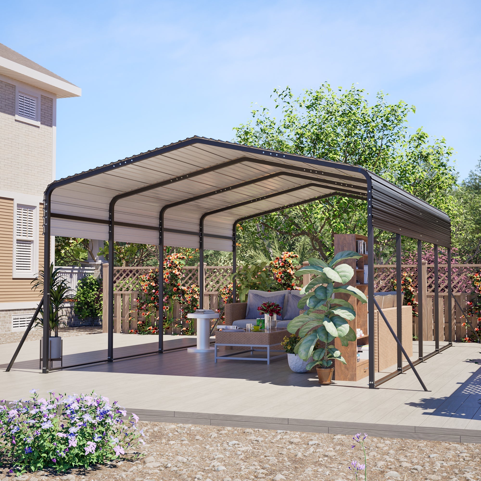 13x20 FT Metal Carport,Garage with Upgraded Triangle Reinforced Frame&4 Poles,Galvanized Steel Hardtop Roof,Heavy-Duty All-Weather Shelter for Car,Truck,Boat,Outdoor Storage