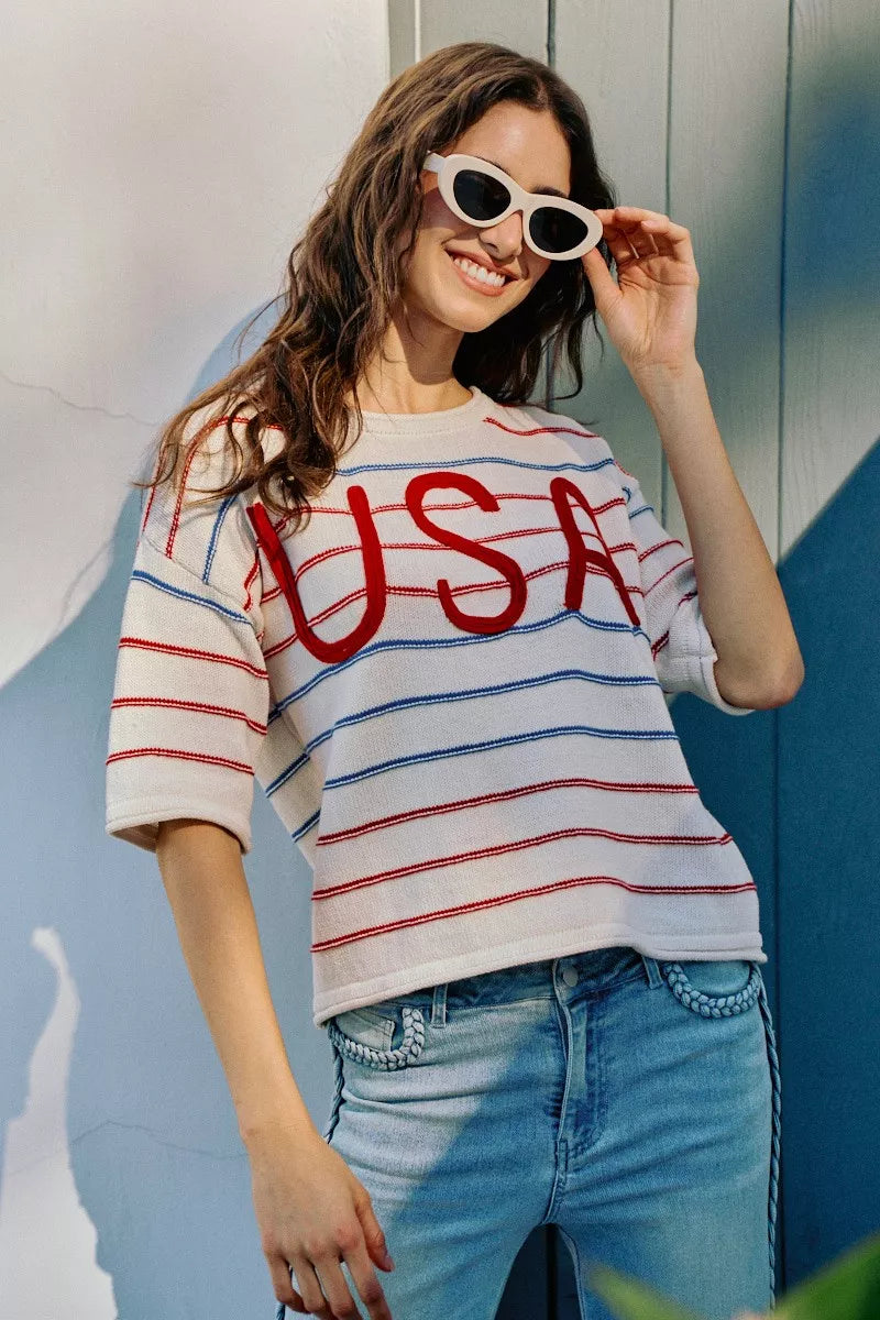 SO ME Usa Stripe Knit Short Sleeves Sweater Top