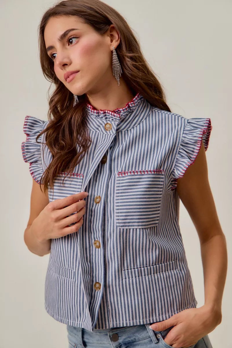 SO ME Stripe Twill Stitch Ruffled Hidden Button Vest Top