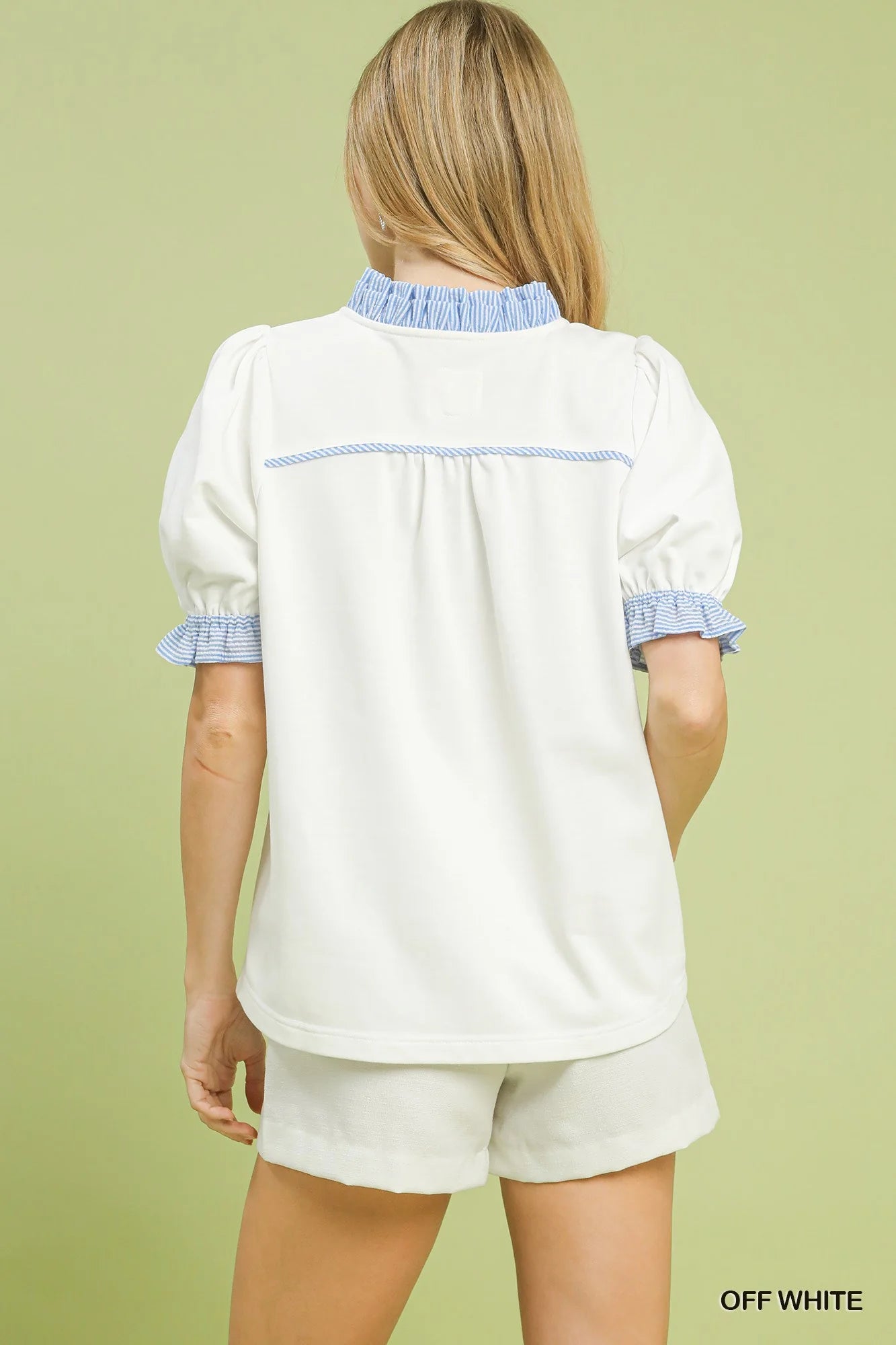 Umgee French Terry Ruffle Trim Puff Sleeve Top