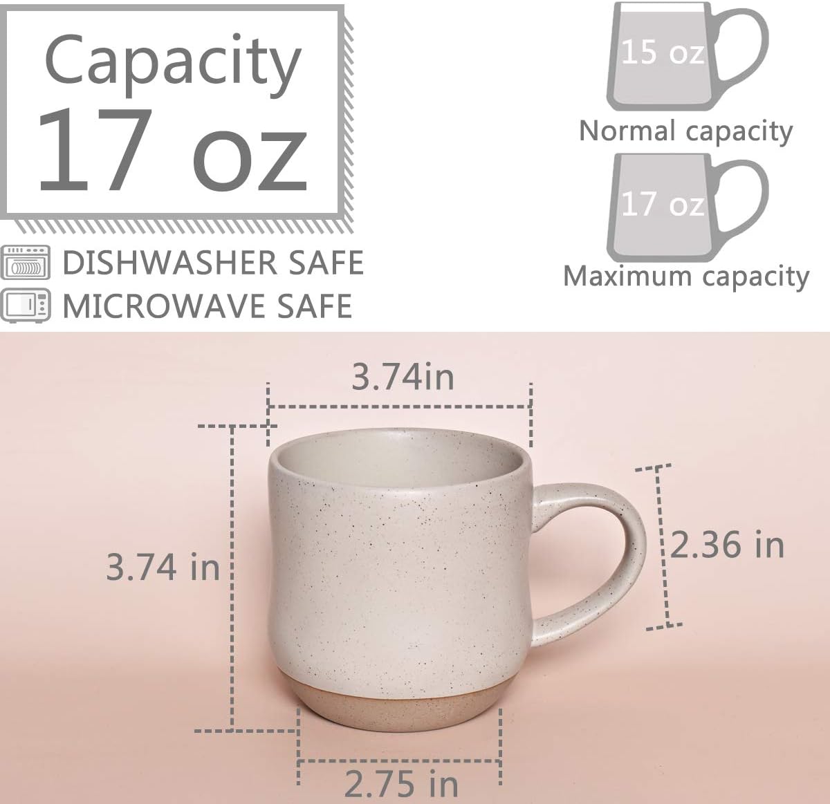 Bosmarlin Large Stoneware Speckled Coffee Mugs Set of 2, Big Ceramic Tea Cup, 17 Oz, Dishwasher and Microwave Safe (White, 2)