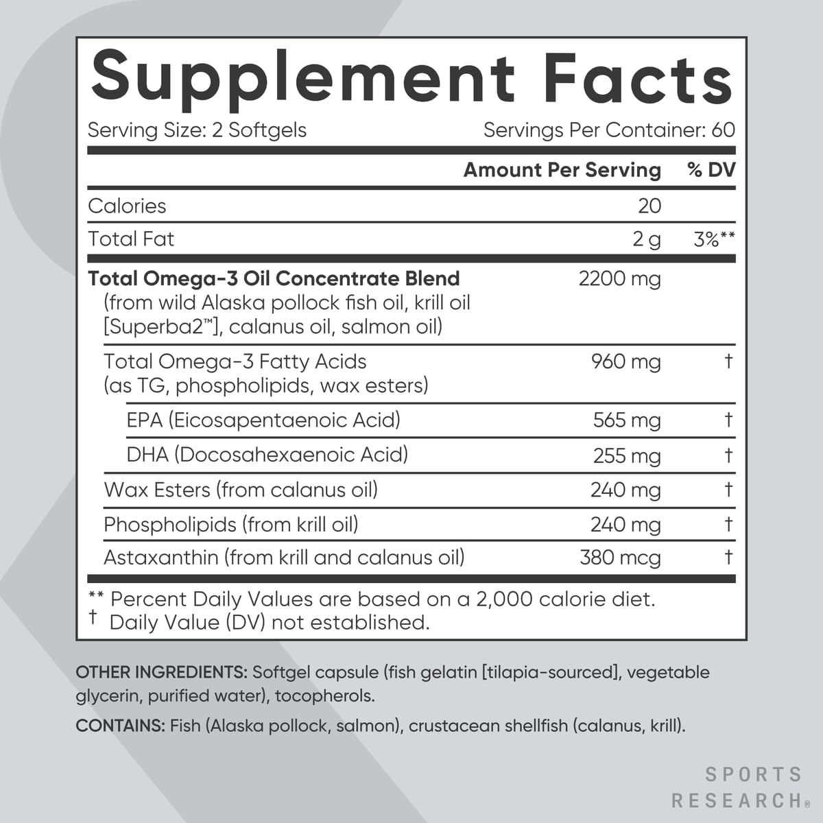 Total Omega-3 Fish Oil 2200mg - Made from Antarctic Krill w/Astaxanthin, Wild Sockeye Salmon & Alaska Pollock - 960mg of EPA & DHA - 120 Softgels
