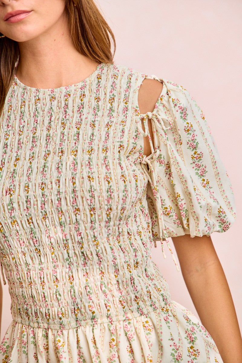 BiBi Floral Bow Tie Attachable Puff Sleeves Dress