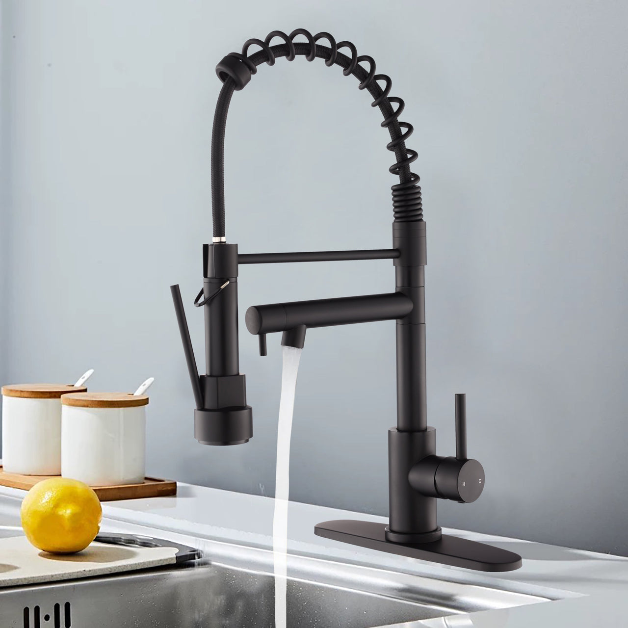 Kitchen Faucet with Pull Down Sprayer, Touch On Single Handle 2- Function Stainless Steel Spring Neck, Single Hole Installation for Residential, Commercial, RV, Bar & More, Matte Black