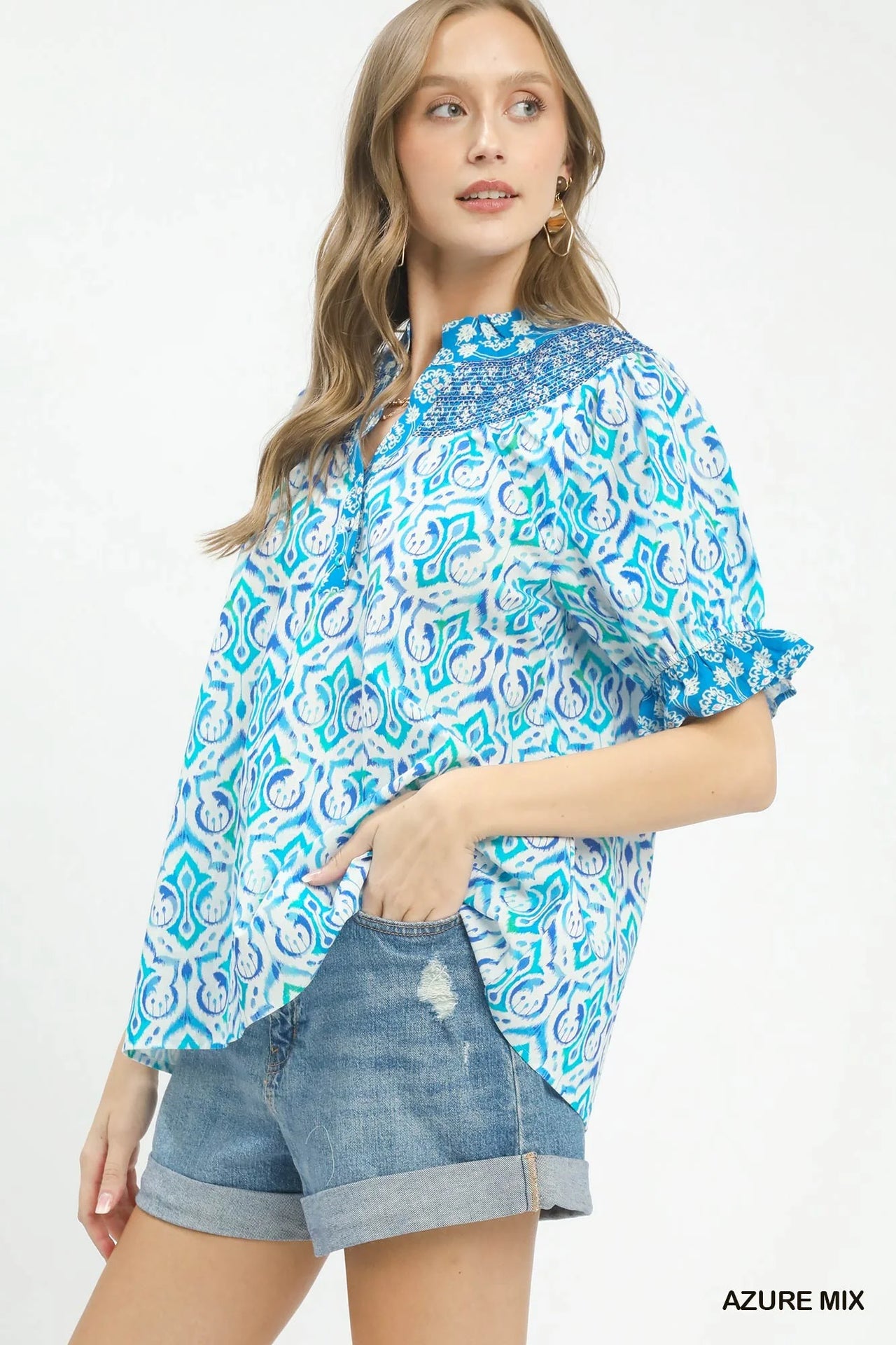 Umgee Mix Boho Puff Sleeve Smocked Top