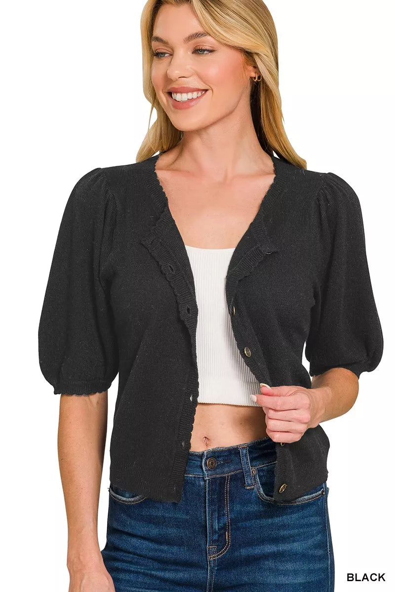 Zenana Puff Sleeve Wool Sweater Cardigan