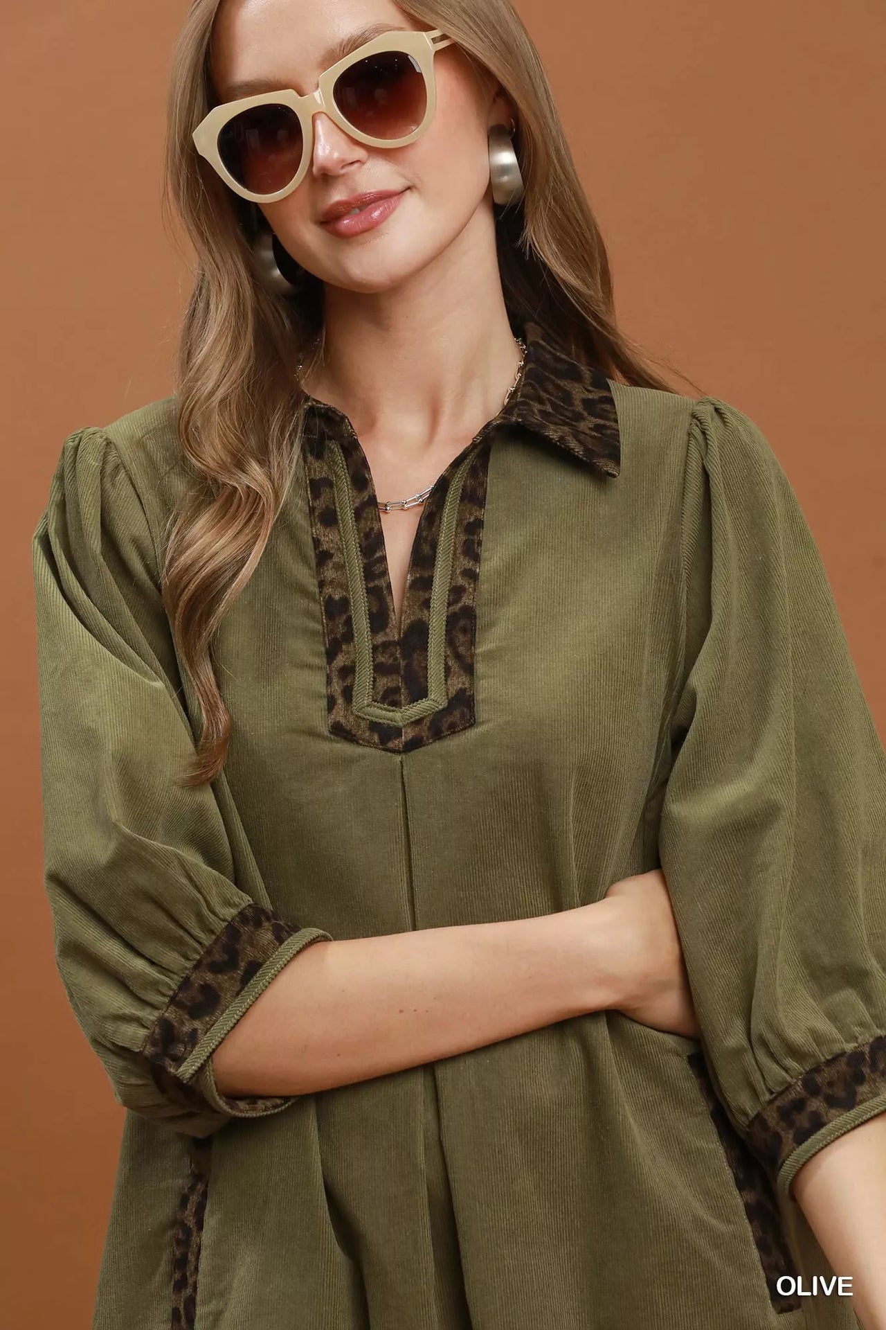 Umgee V-Neck Shift Dress with Contrast Trim
