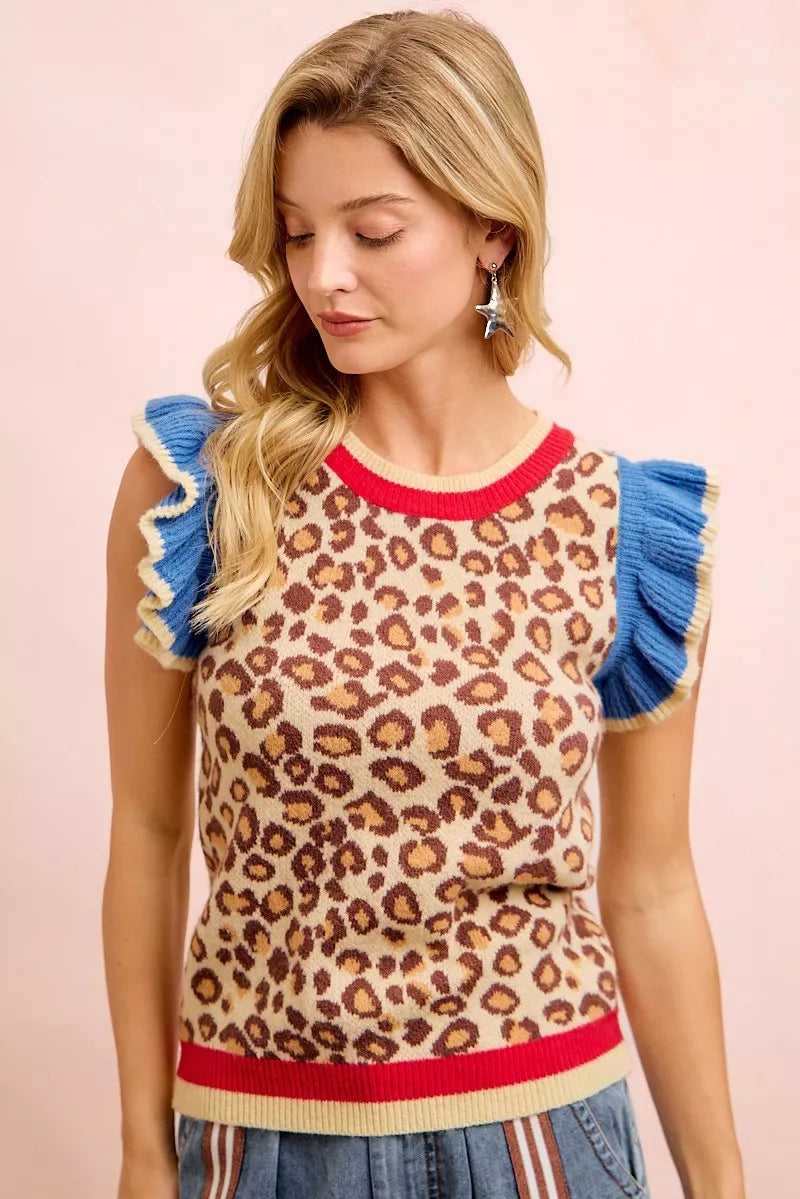 BiBi 4th Of July Leopard Ruffled Detail Knit Top