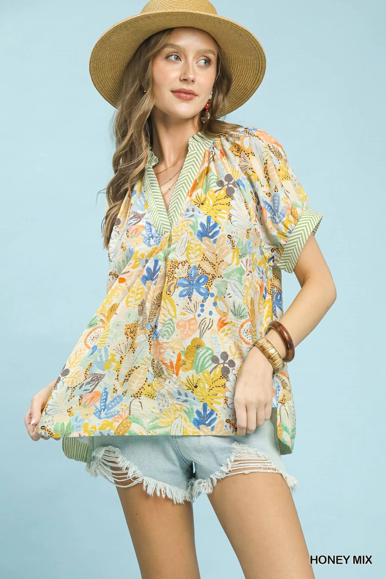 Umgee Mix Boho Printed V-Neck Top