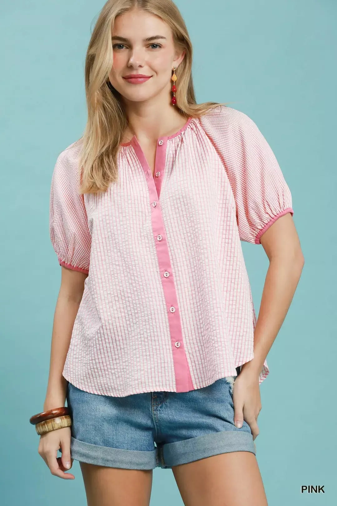 Umgee Checker Puff Sleeve Button Front Blouse