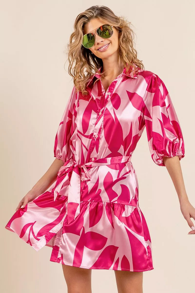 BiBi Leaf Pattern Collared Satin Dress